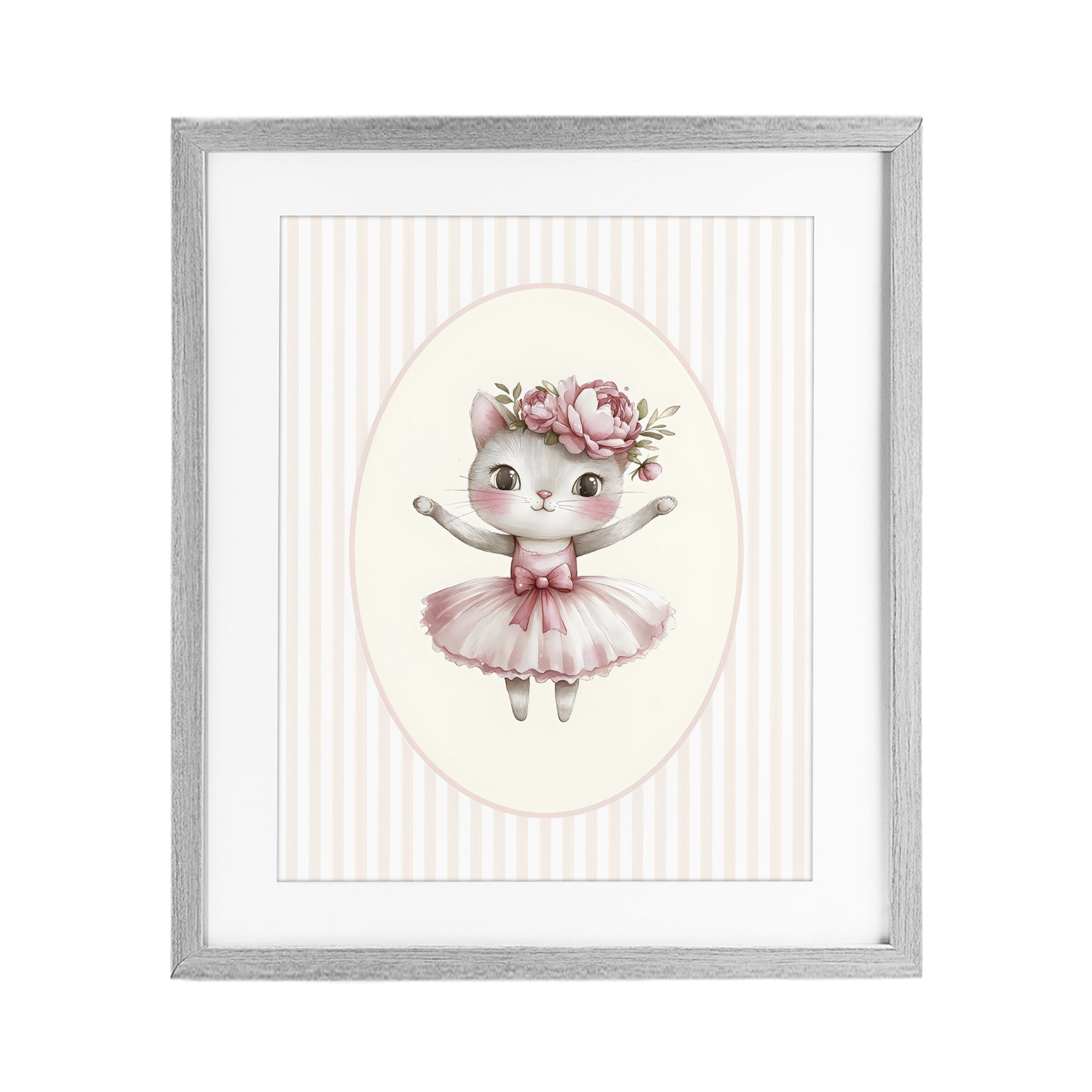 Stupell Industries Nursery Ballerina Cat Striped Gray Framed Print Under Glass, design by LSR Design Studio