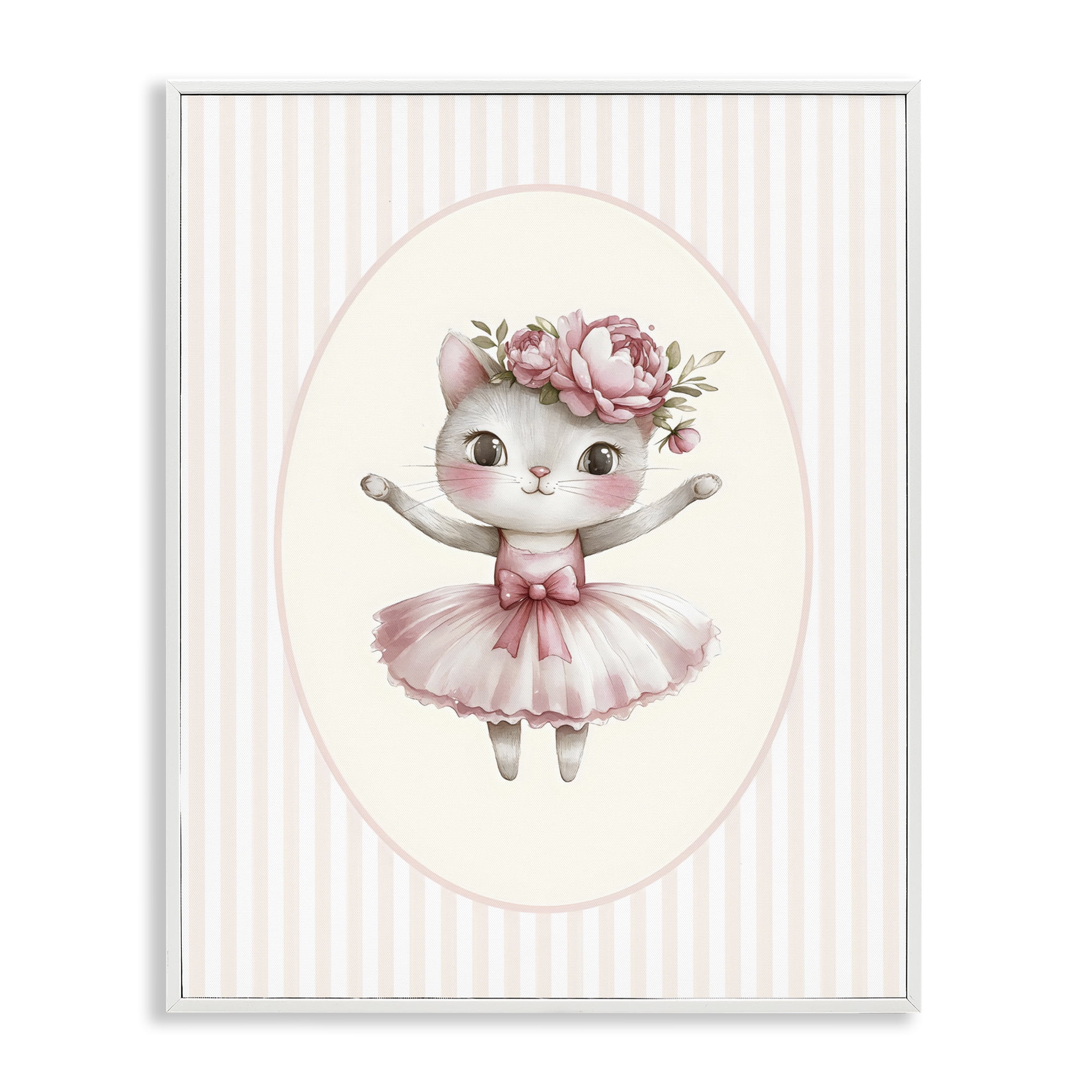 Stupell Industries Nursery Ballerina Cat Striped White Framed Giclee Art, design by LSR Design Studio