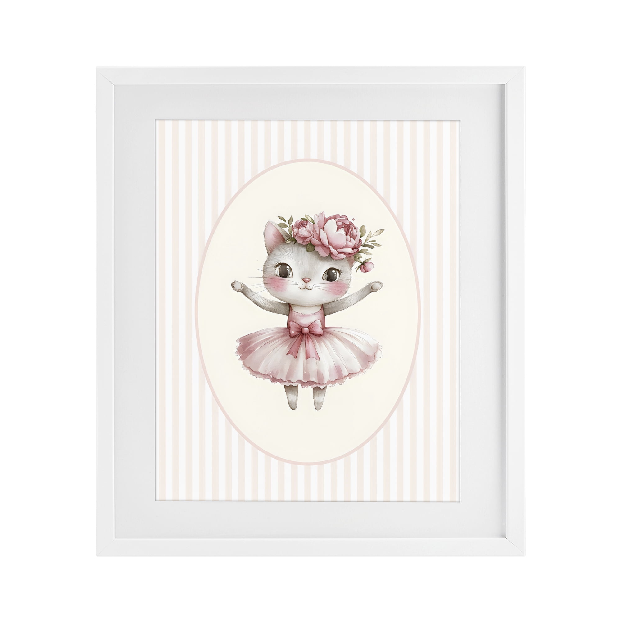Stupell Industries Nursery Ballerina Cat Striped White Framed Print Under Glass, design by LSR Design Studio