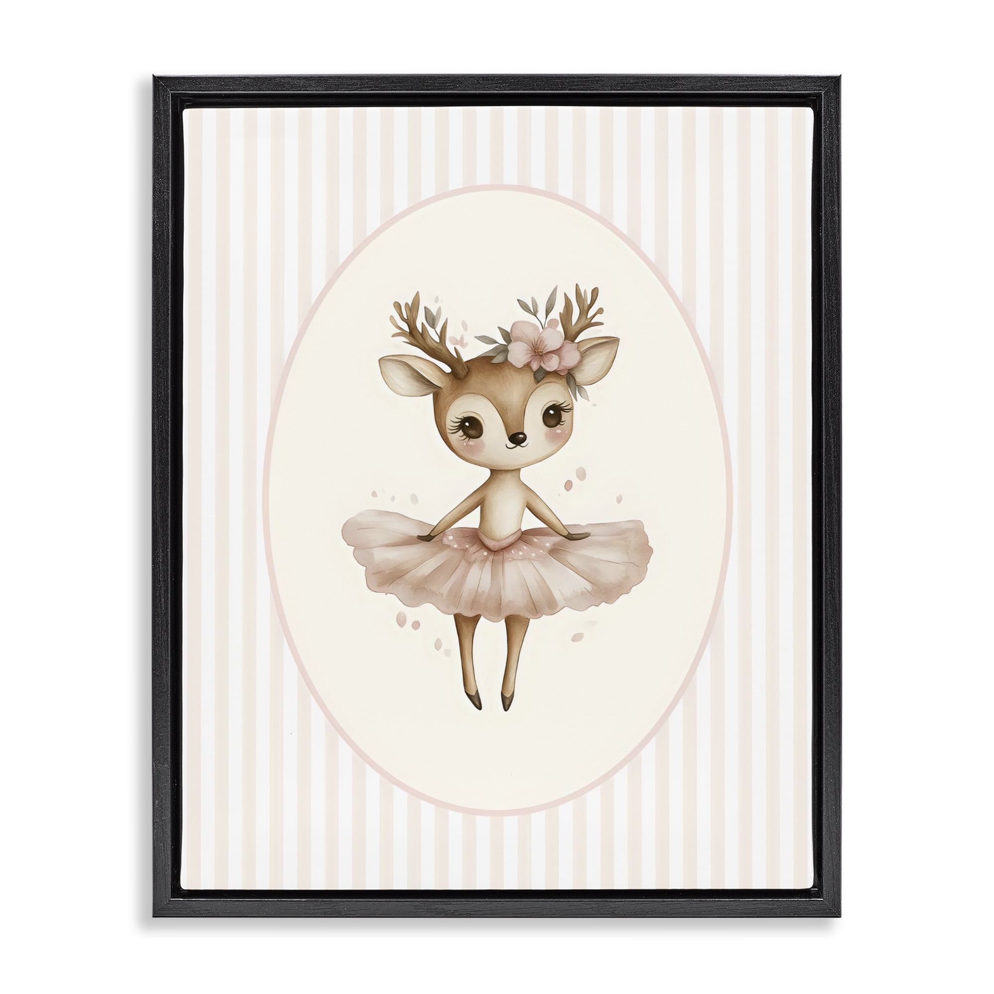 Stupell Industries Nursery Ballerina Deer Striped Black Framed Floater Canvas Wall Art, design by LSR Design Studio