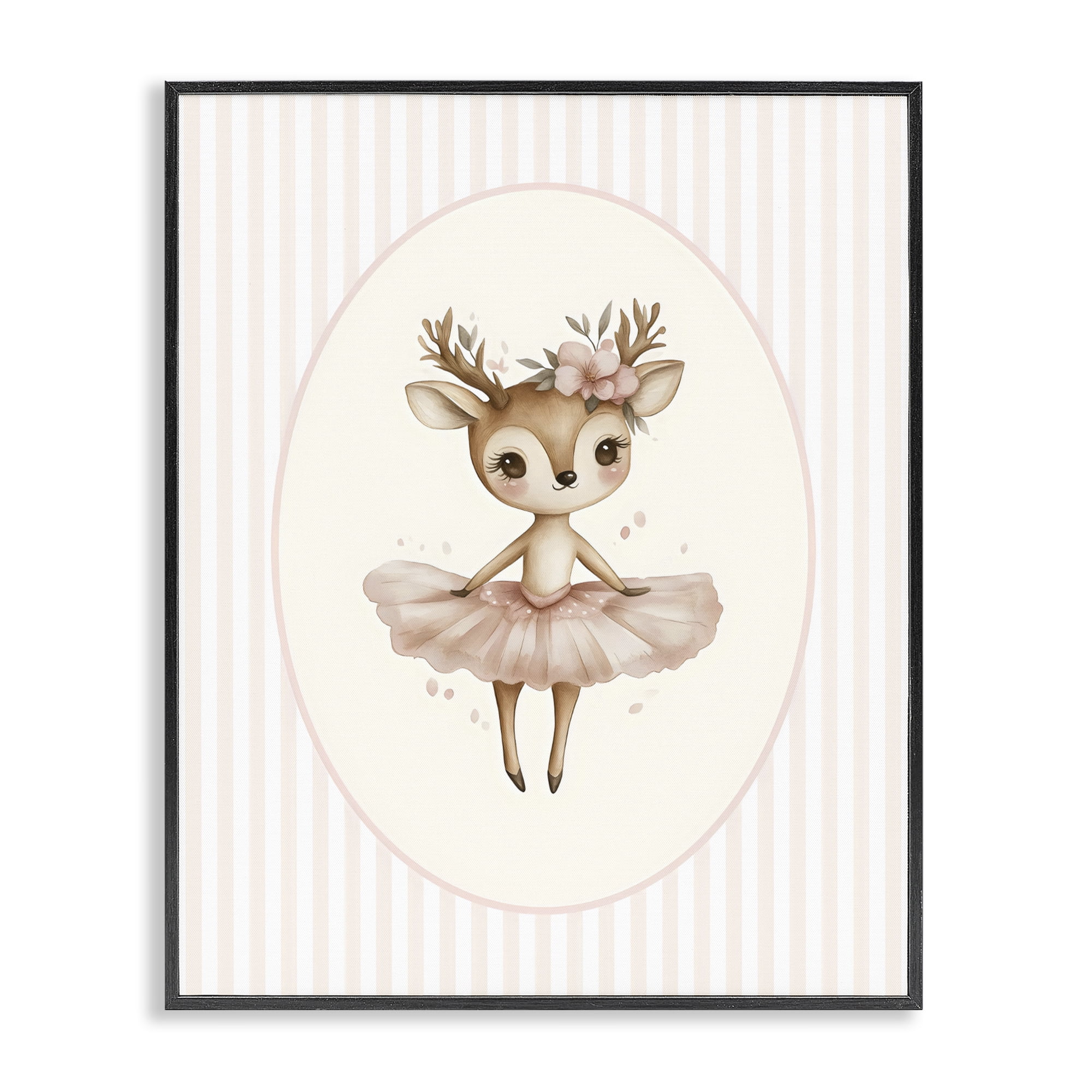 Stupell Industries Nursery Ballerina Deer Striped Black Framed Giclee Art, design by LSR Design Studio
