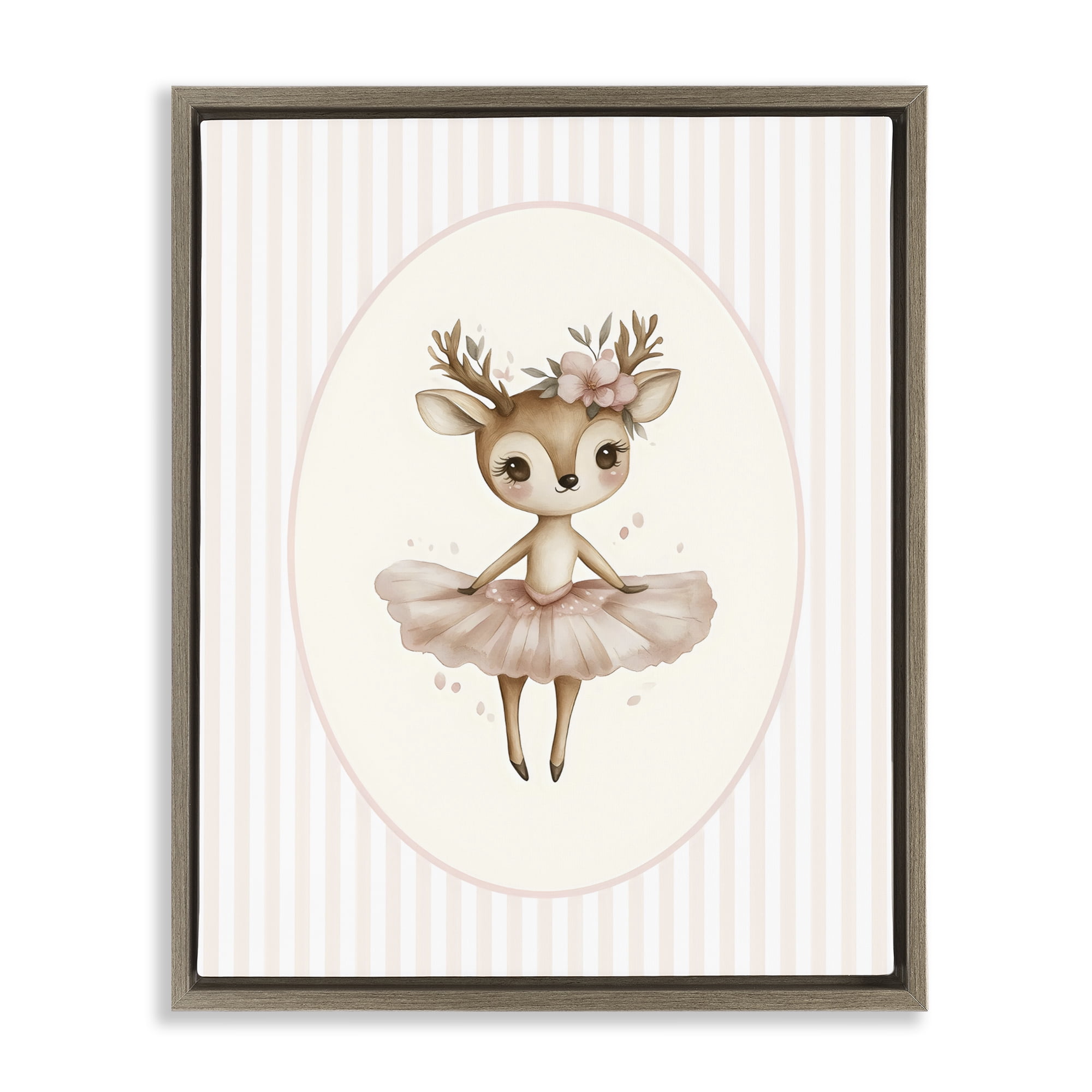 Stupell Industries Nursery Ballerina Deer Striped Brown Framed Floater Canvas Wall Art, design by LSR Design Studio
