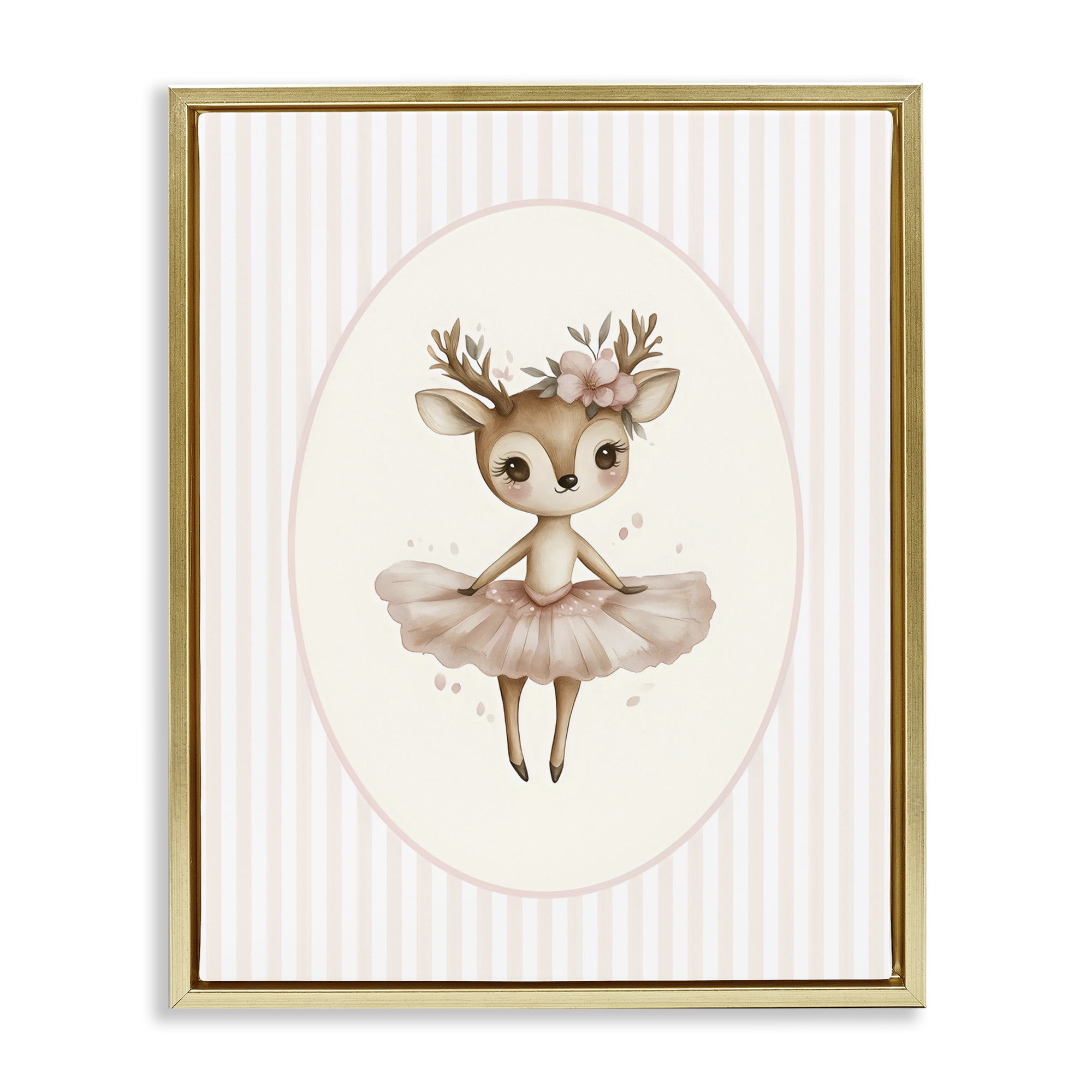 Stupell Industries Nursery Ballerina Deer Striped Gold Framed Floater Canvas Wall Art, design by LSR Design Studio