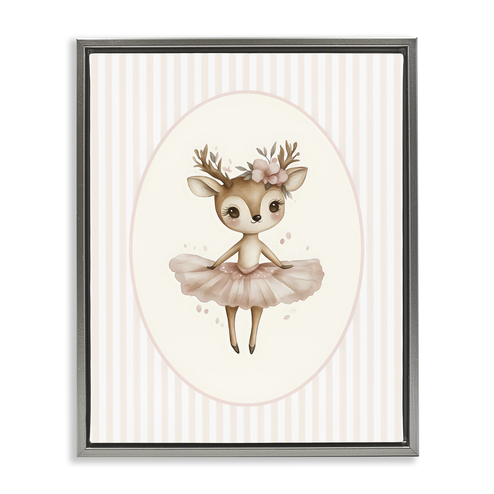Stupell Industries Nursery Ballerina Deer Striped Gray Framed Floater Canvas Wall Art, design by LSR Design Studio