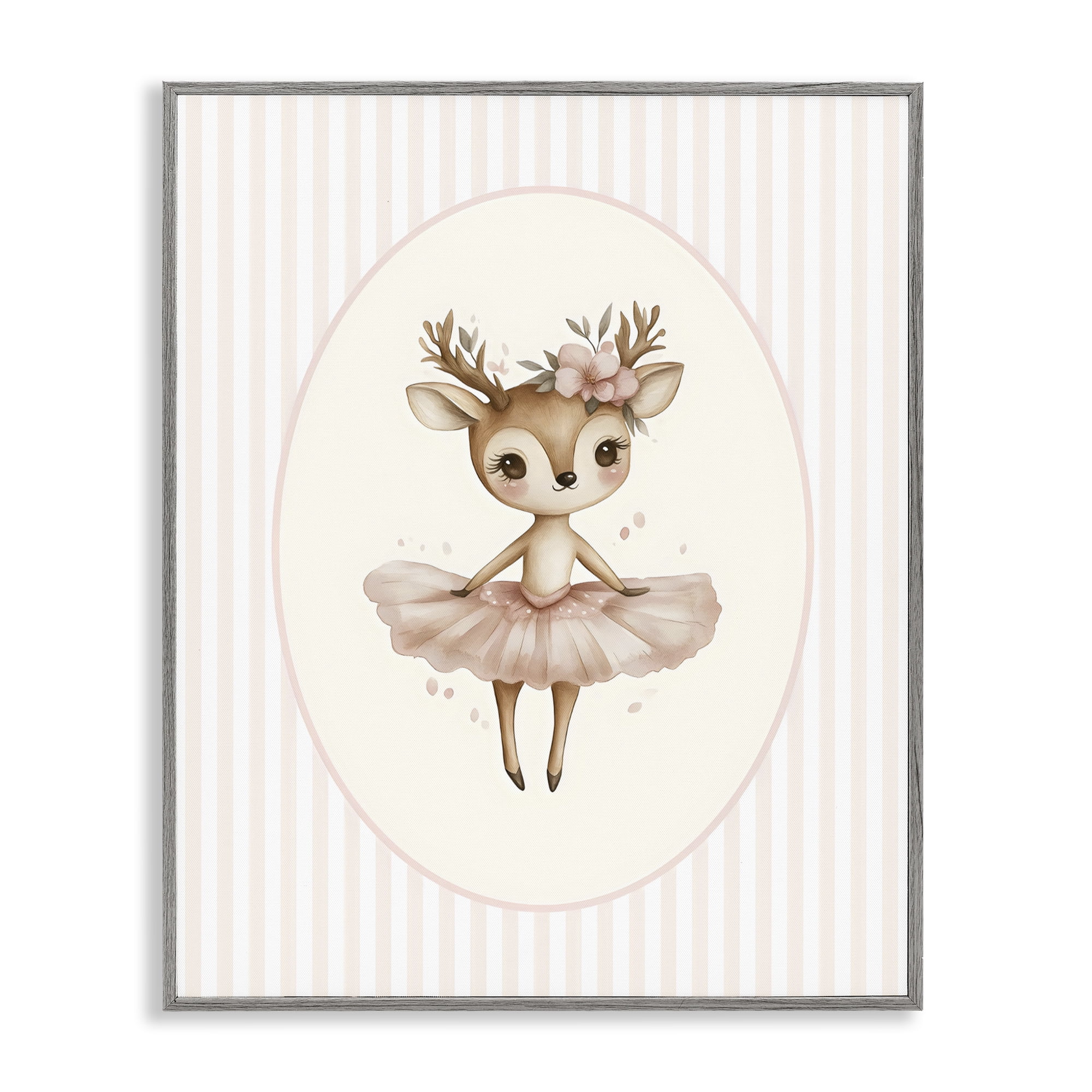 Stupell Industries Nursery Ballerina Deer Striped Gray Framed Giclee Art, design by LSR Design Studio