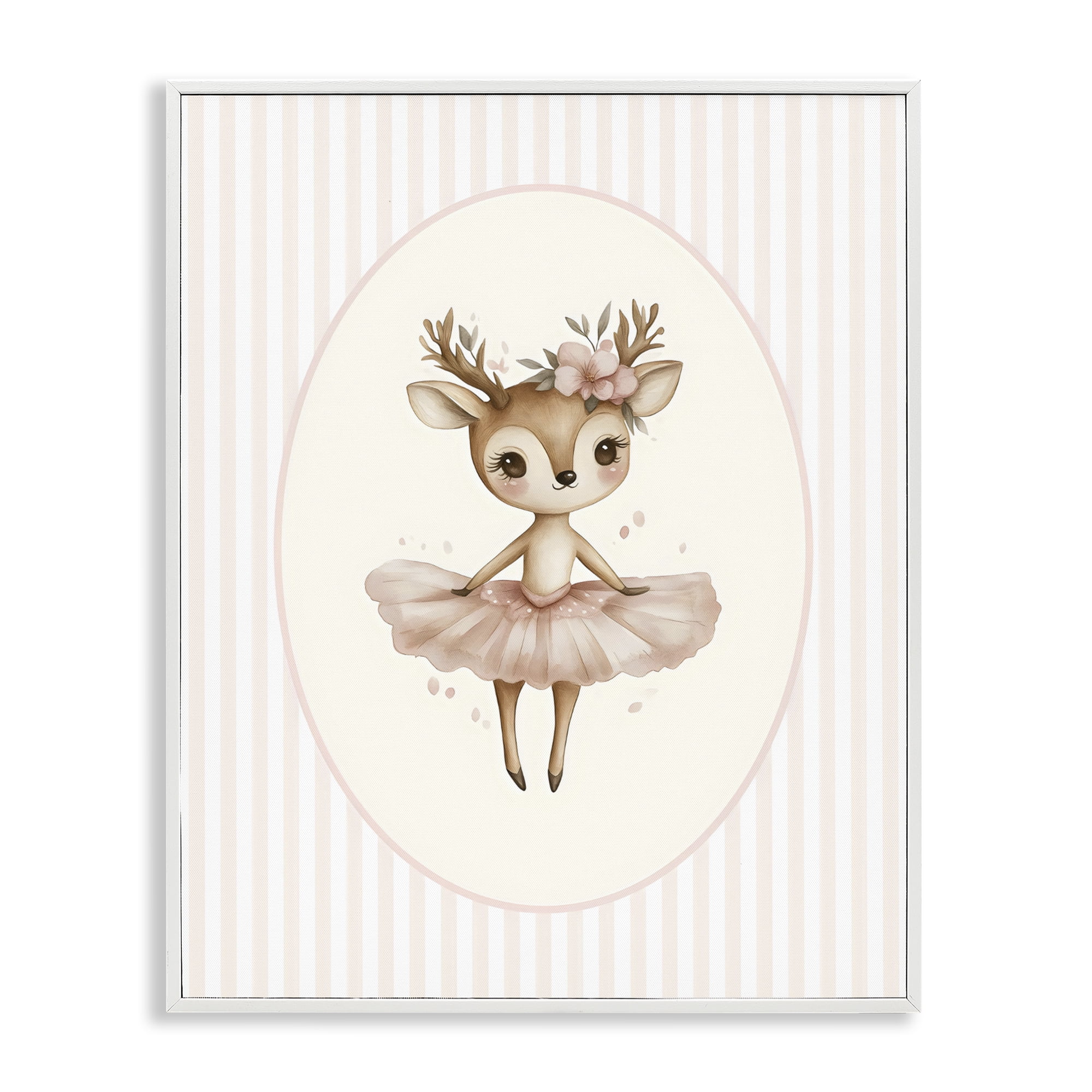 Stupell Industries Nursery Ballerina Deer Striped White Framed Giclee Art, design by LSR Design Studio