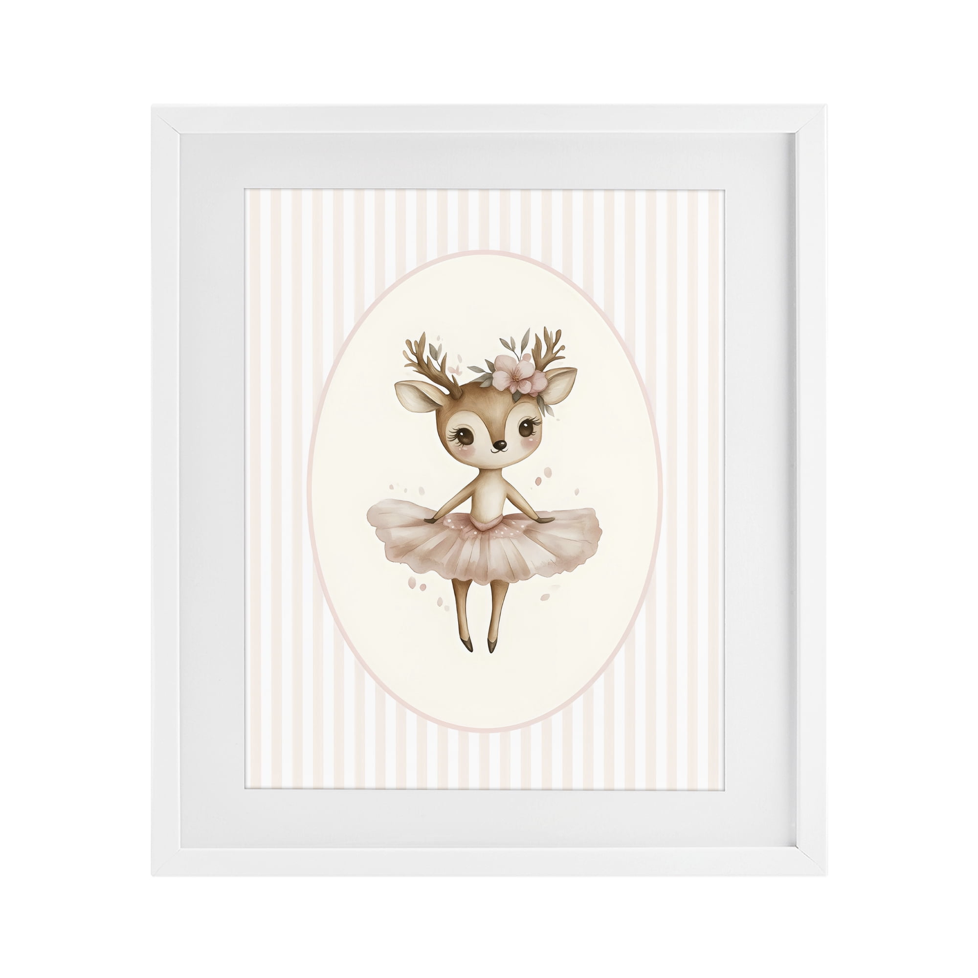 Stupell Industries Nursery Ballerina Deer Striped White Framed Print Under Glass, design by LSR Design Studio