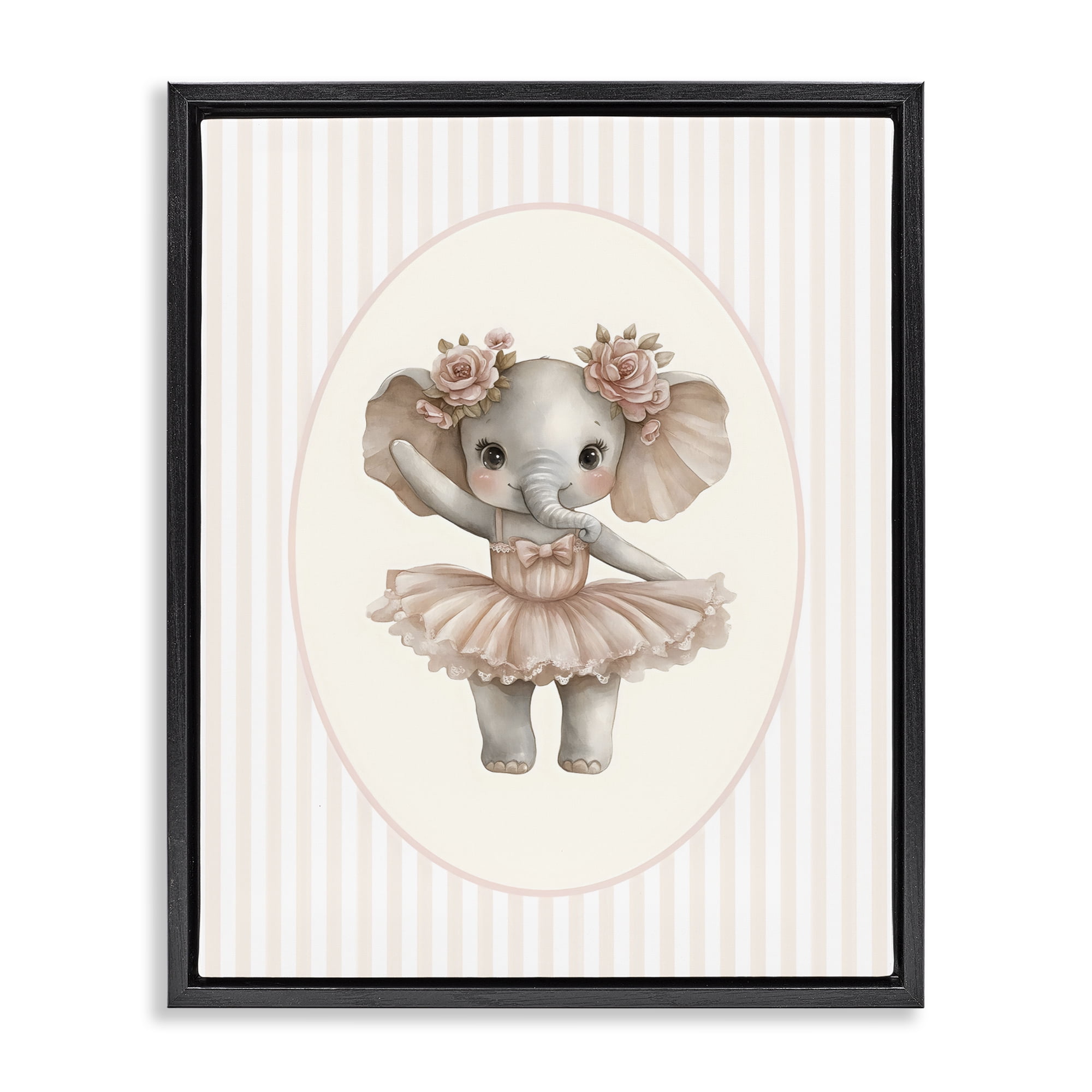 Stupell Industries Nursery Ballerina Elephant Striped Black Framed Floater Canvas Wall Art, design by LSR Design Studio
