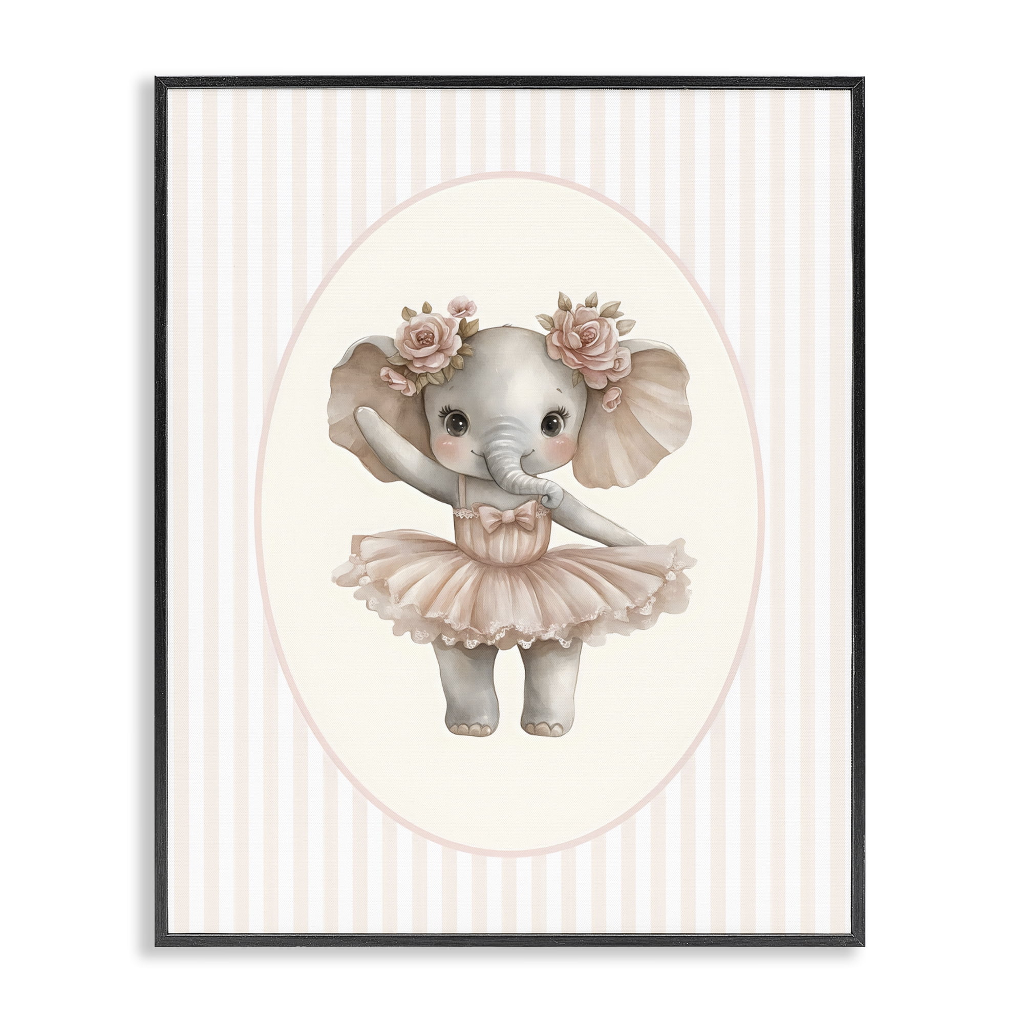 Stupell Industries Nursery Ballerina Elephant Striped Black Framed Giclee Art, design by LSR Design Studio