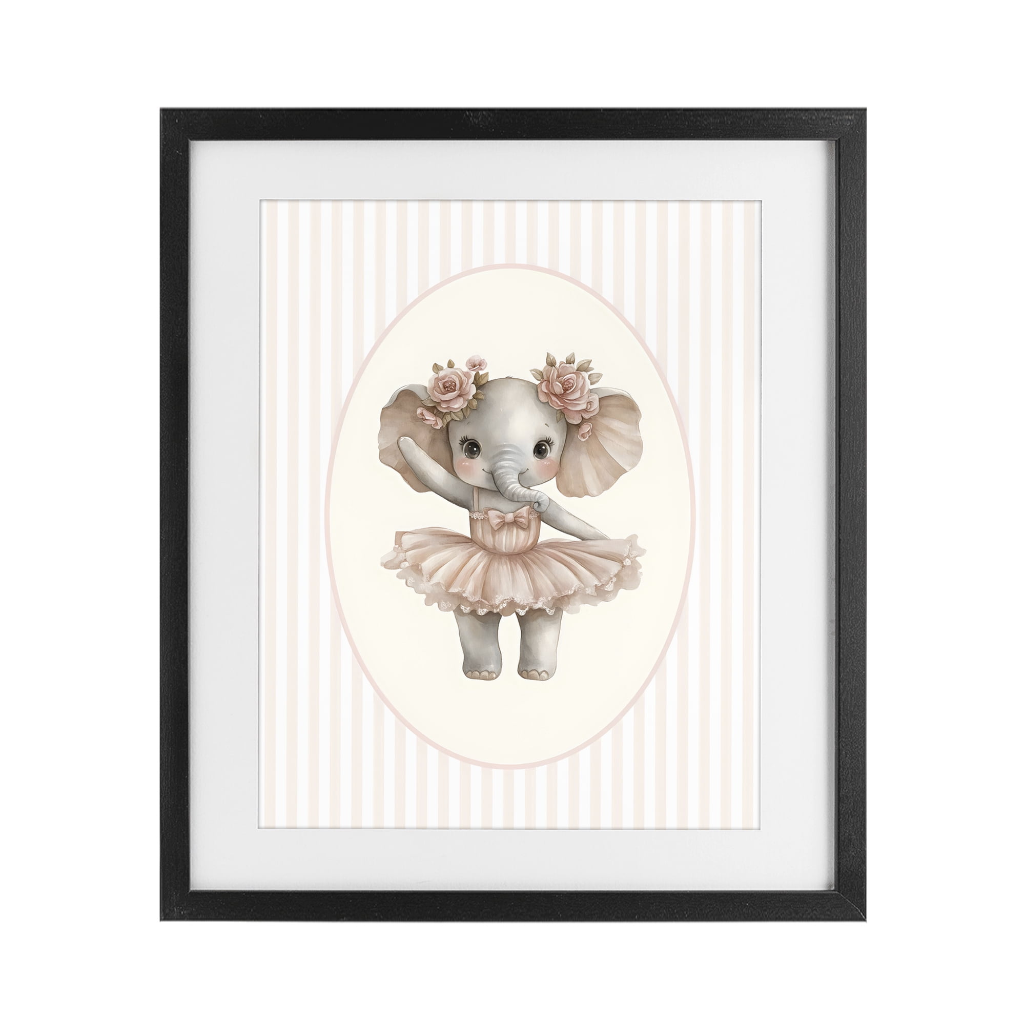 Stupell Industries Nursery Ballerina Elephant Striped Black Framed Print Under Glass, design by LSR Design Studio