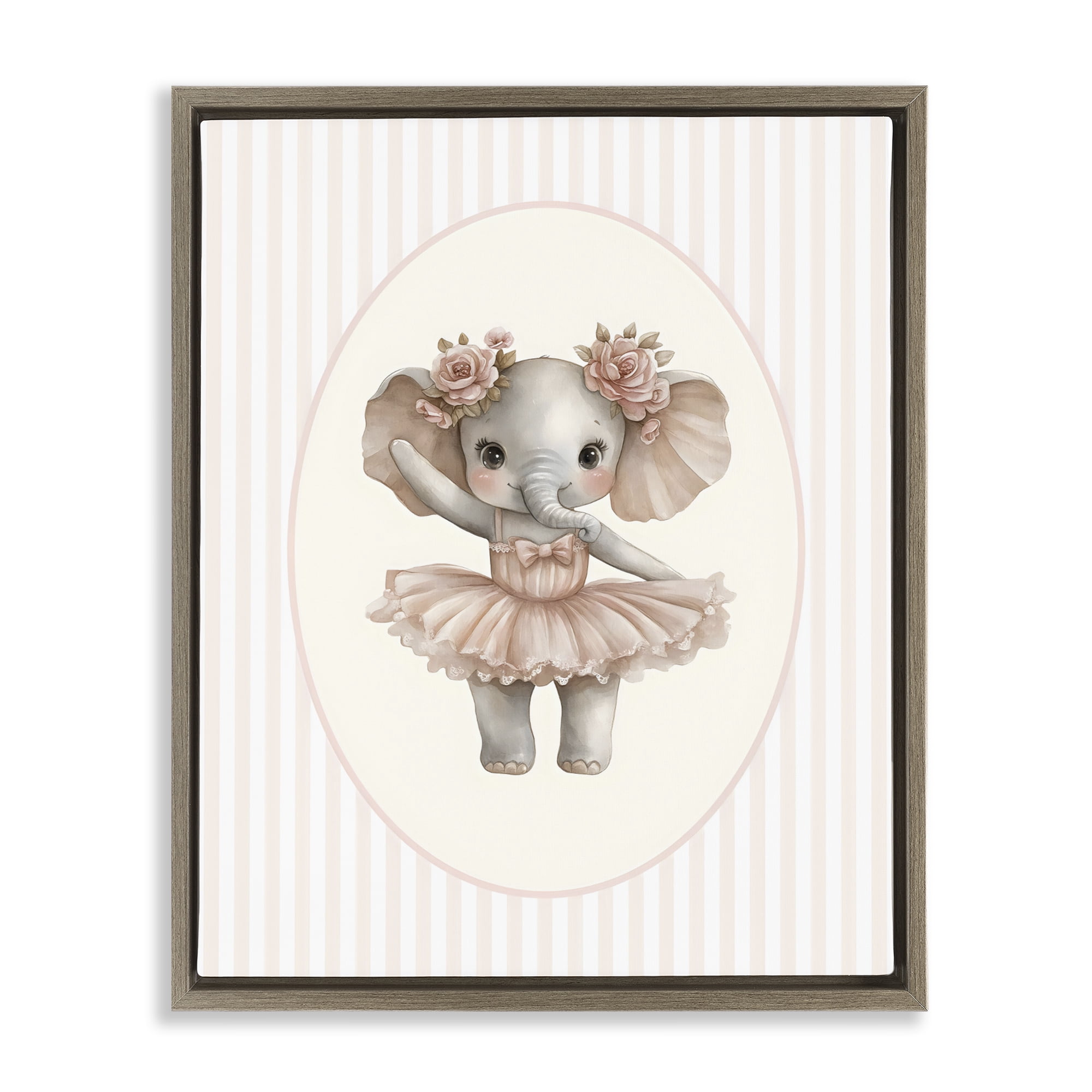 Stupell Industries Nursery Ballerina Elephant Striped Brown Framed Floater Canvas Wall Art, design by LSR Design Studio