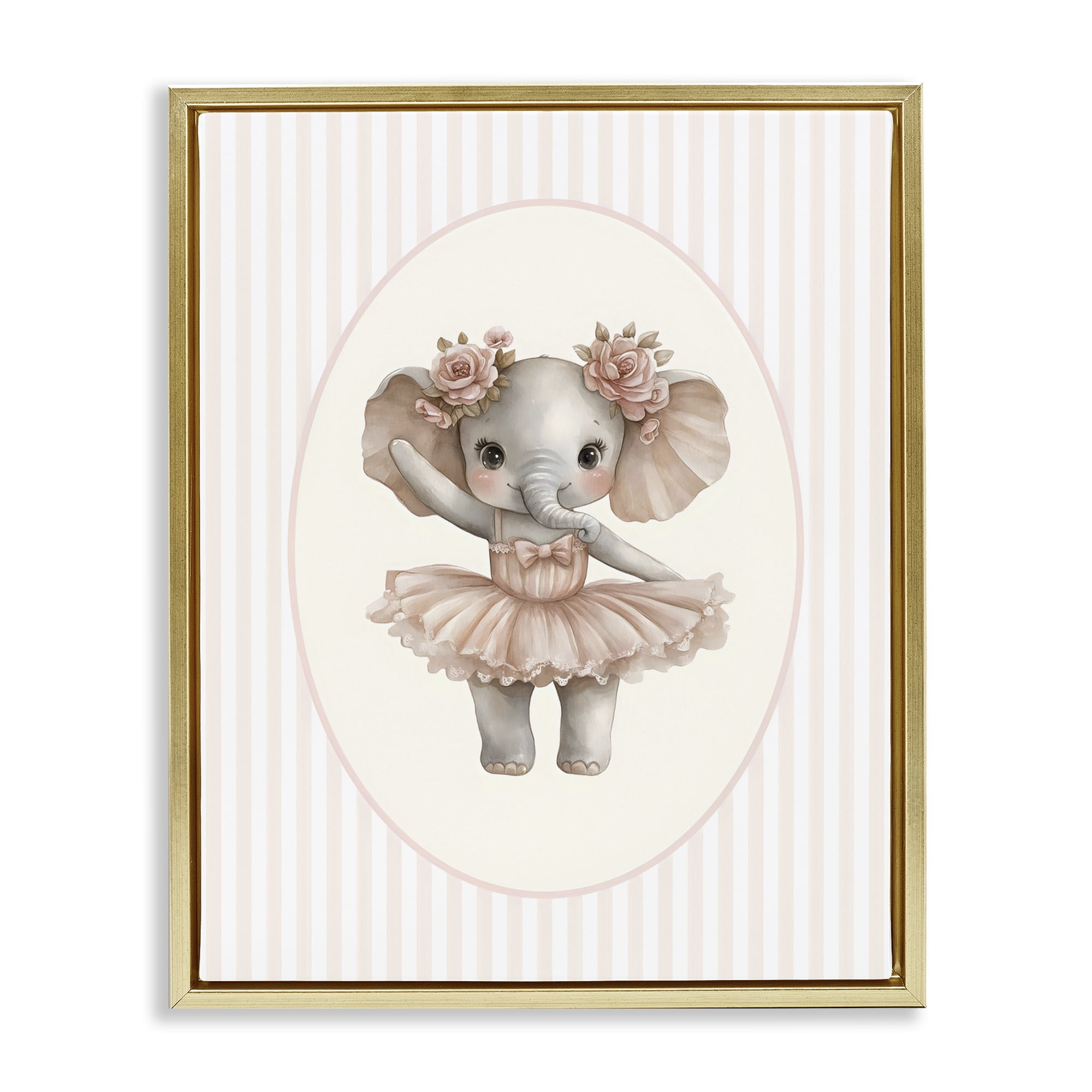 Stupell Industries Nursery Ballerina Elephant Striped Gold Framed Floater Canvas Wall Art, design by LSR Design Studio