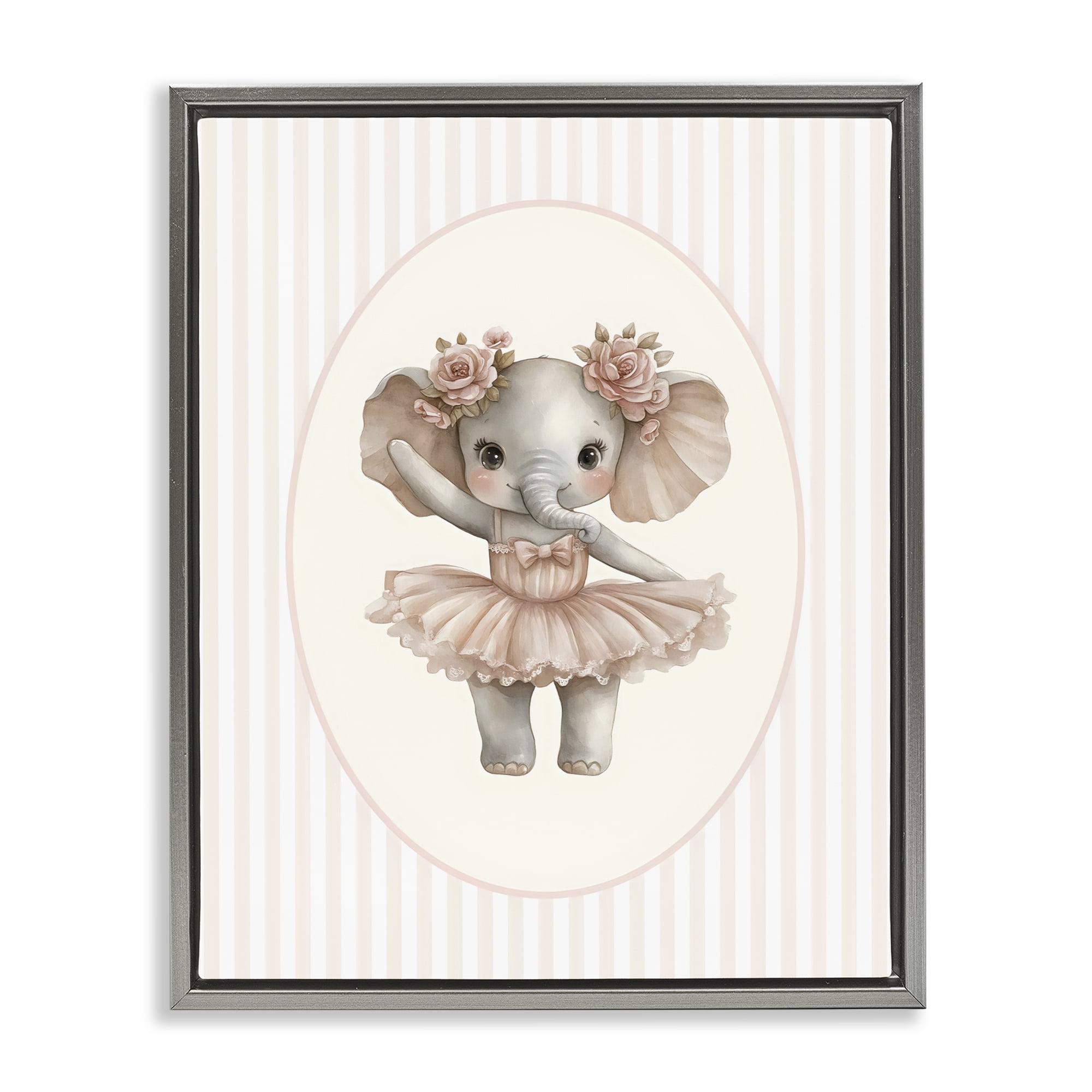 Stupell Industries Nursery Ballerina Elephant Striped Gray Framed Floater Canvas Wall Art, design by LSR Design Studio
