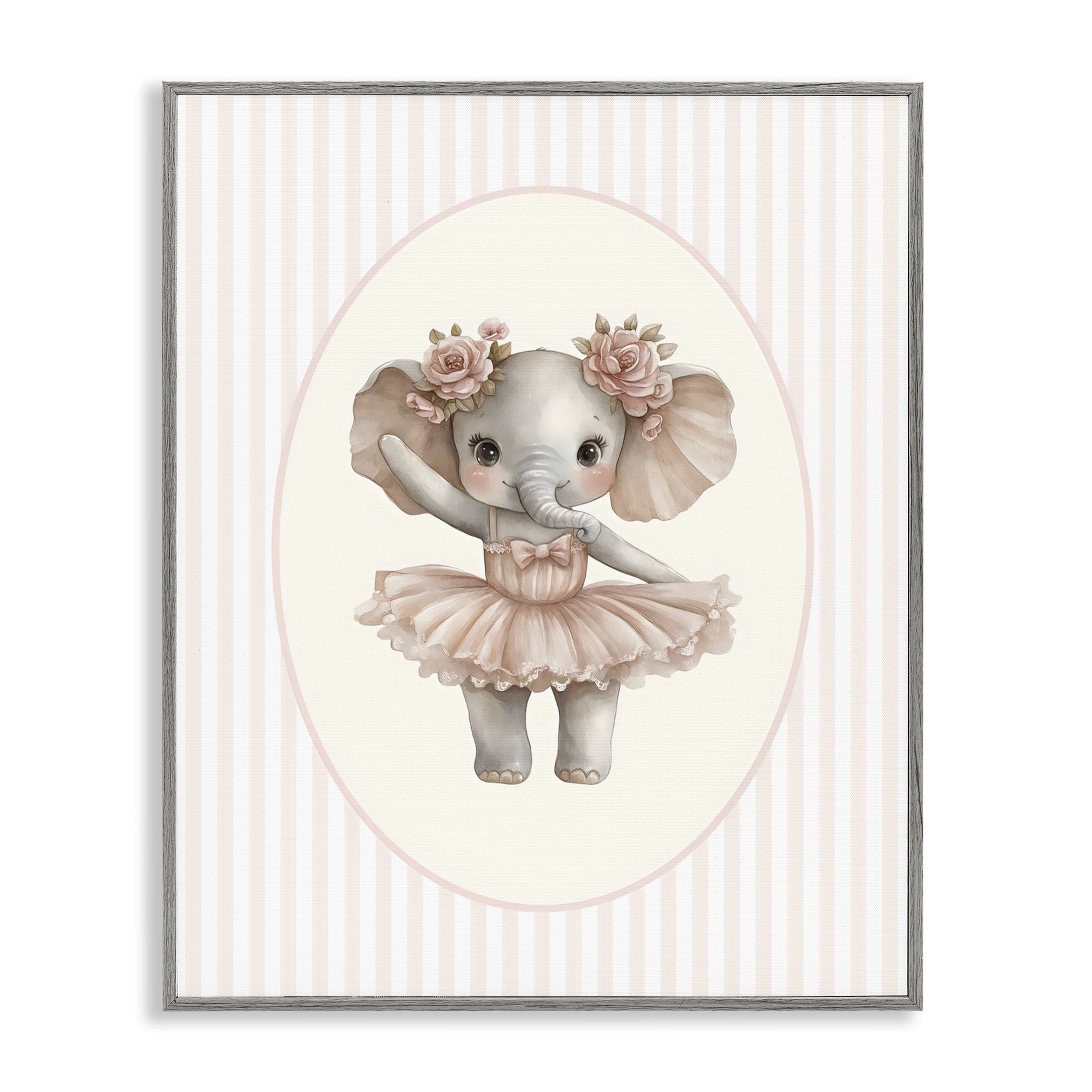 Stupell Industries Nursery Ballerina Elephant Striped Gray Framed Giclee Art, design by LSR Design Studio