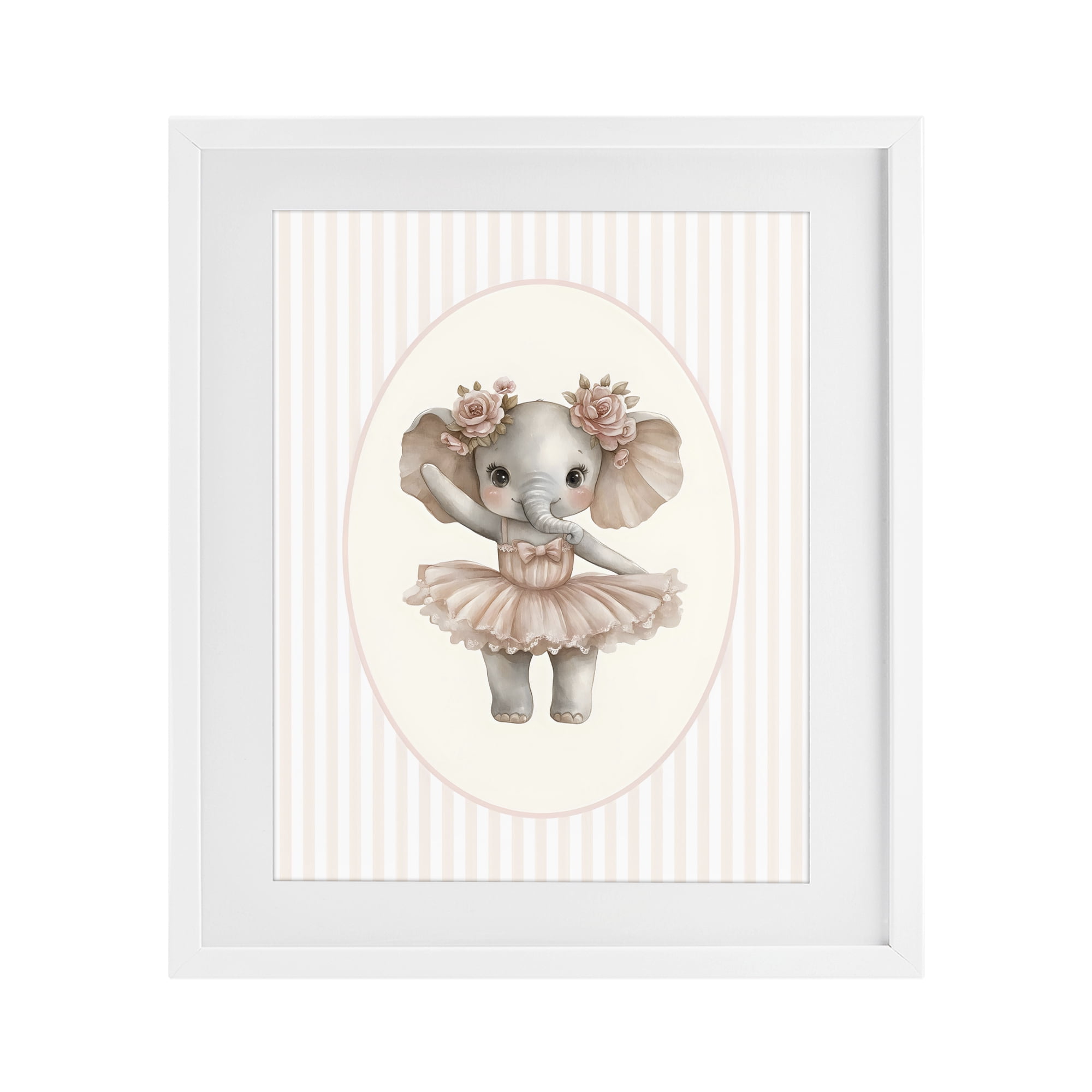 Stupell Industries Nursery Ballerina Elephant Striped White Framed Print Under Glass, design by LSR Design Studio