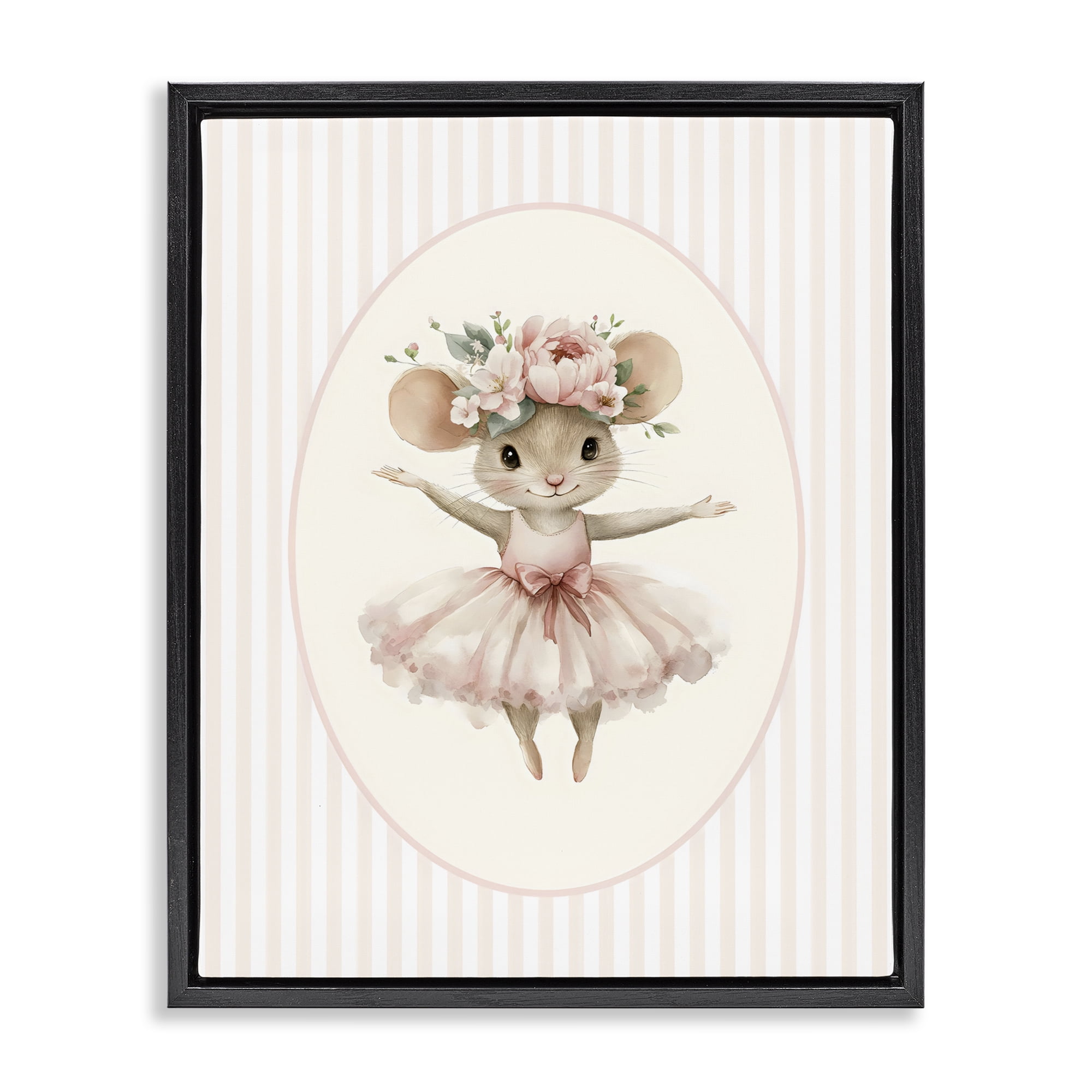 Stupell Industries Nursery Ballerina Mouse Striped Black Framed Floater Canvas Wall Art, design by LSR Design Studio