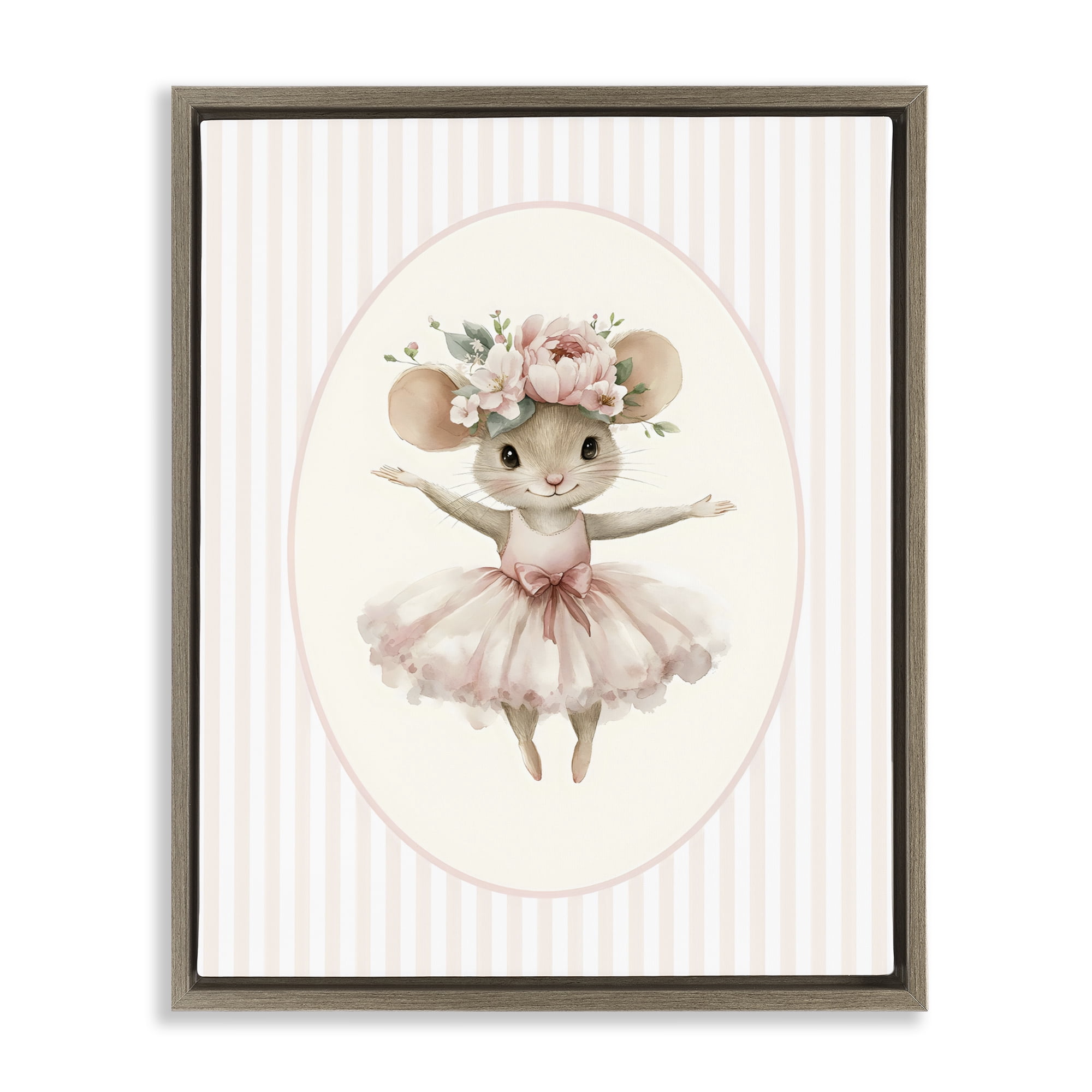 Stupell Industries Nursery Ballerina Mouse Striped Brown Framed Floater Canvas Wall Art, design by LSR Design Studio