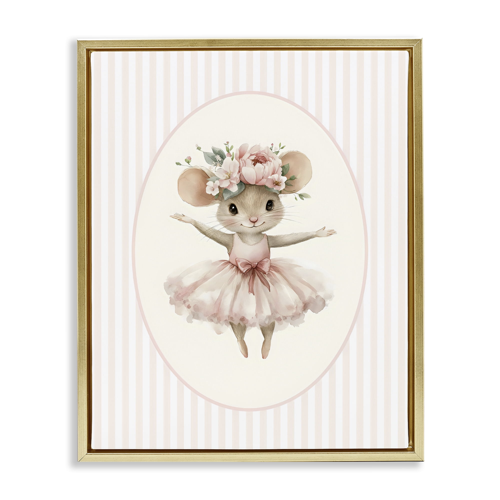 Stupell Industries Nursery Ballerina Mouse Striped Gold Framed Floater Canvas Wall Art, design by LSR Design Studio