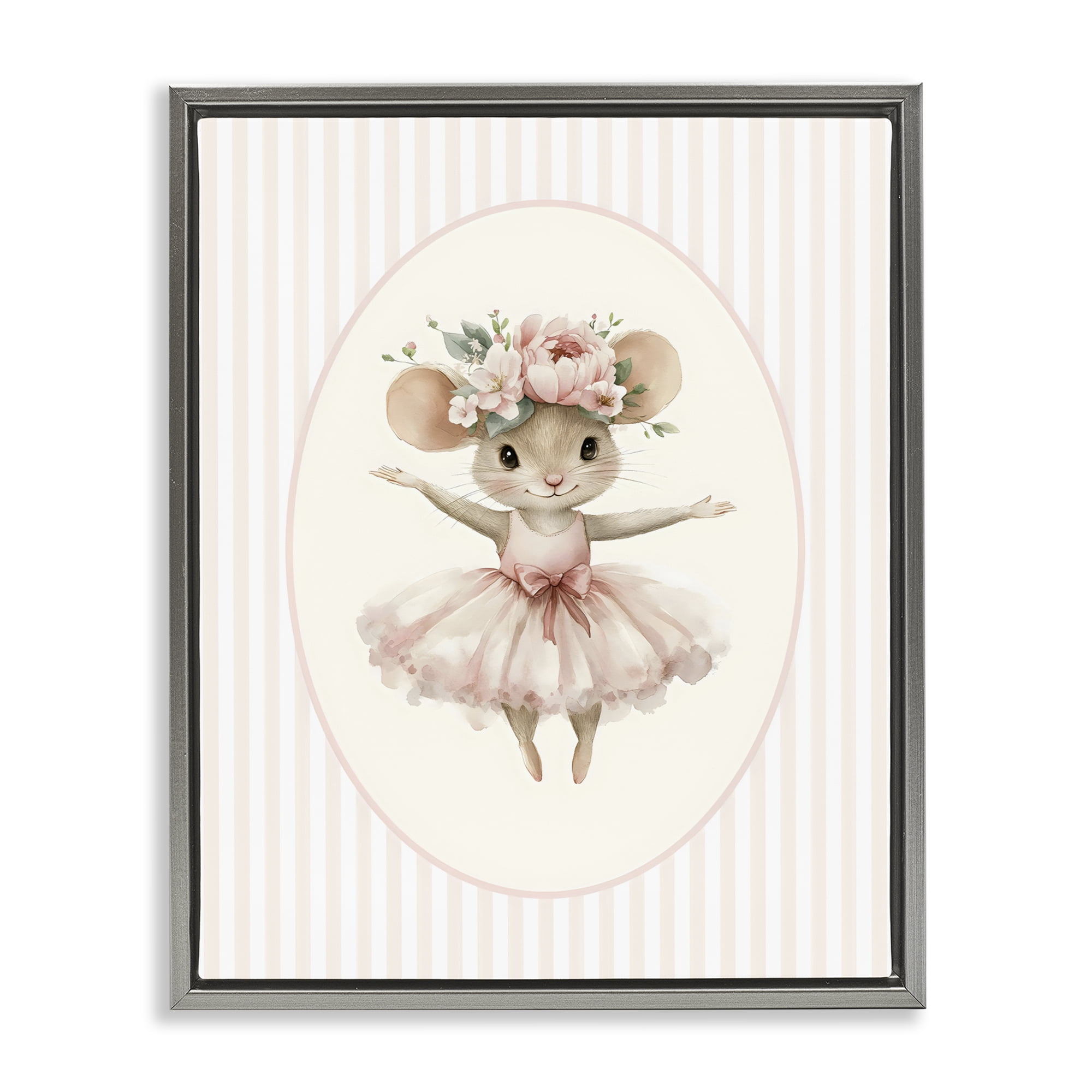 Stupell Industries Nursery Ballerina Mouse Striped Gray Framed Floater Canvas Wall Art, design by LSR Design Studio
