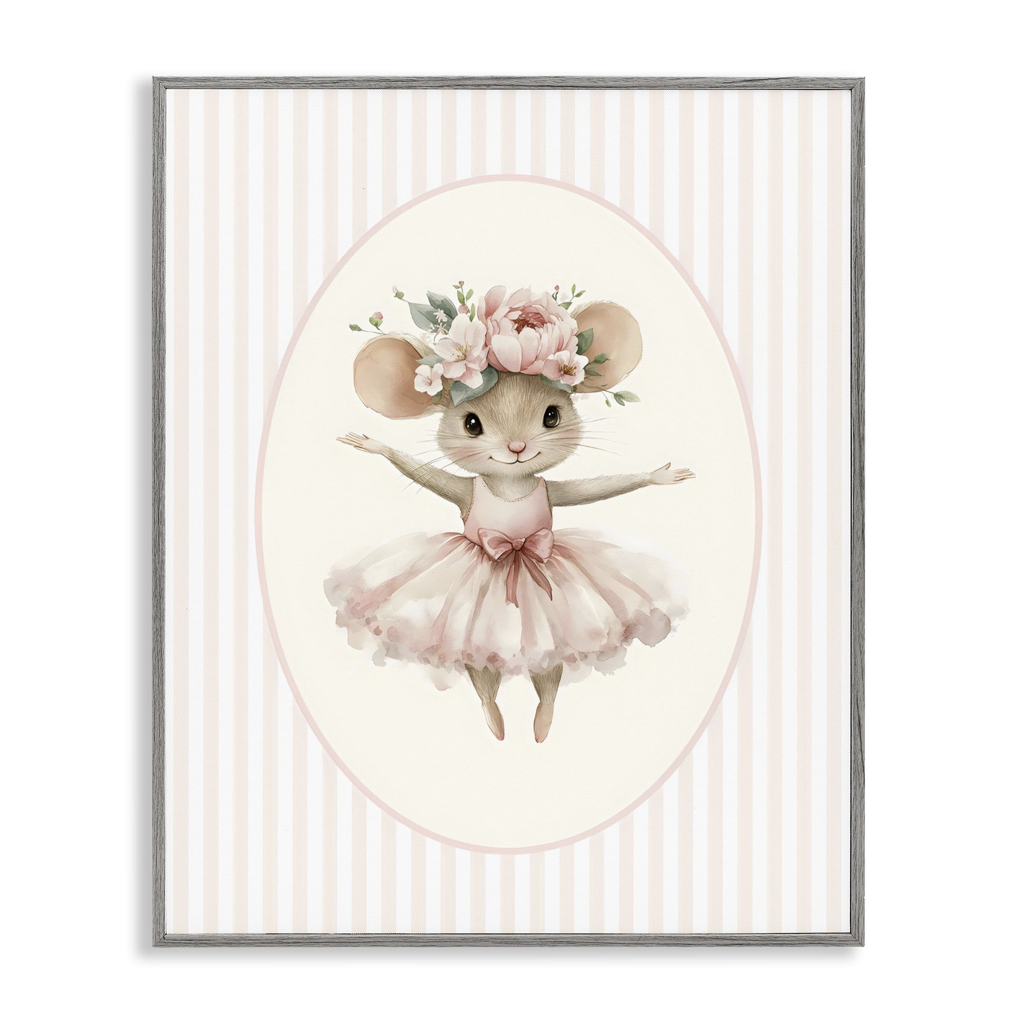 Stupell Industries Nursery Ballerina Mouse Striped Gray Framed Giclee Art, design by LSR Design Studio