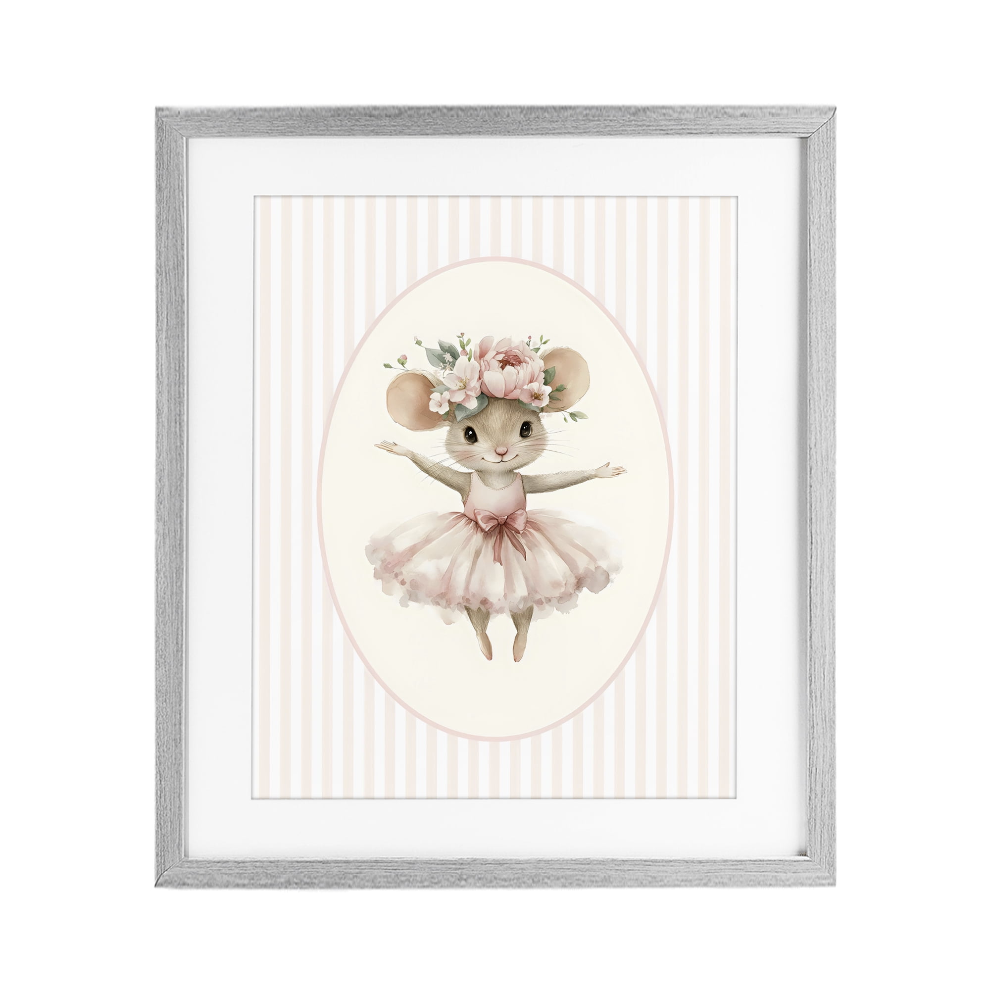 Stupell Industries Nursery Ballerina Mouse Striped Gray Framed Print Under Glass, design by LSR Design Studio