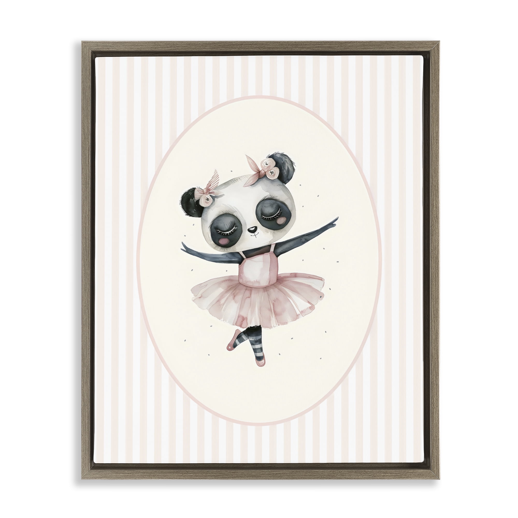 Stupell Industries Nursery Ballerina Panda Striped Brown Framed Floater Canvas Wall Art, design by LSR Design Studio