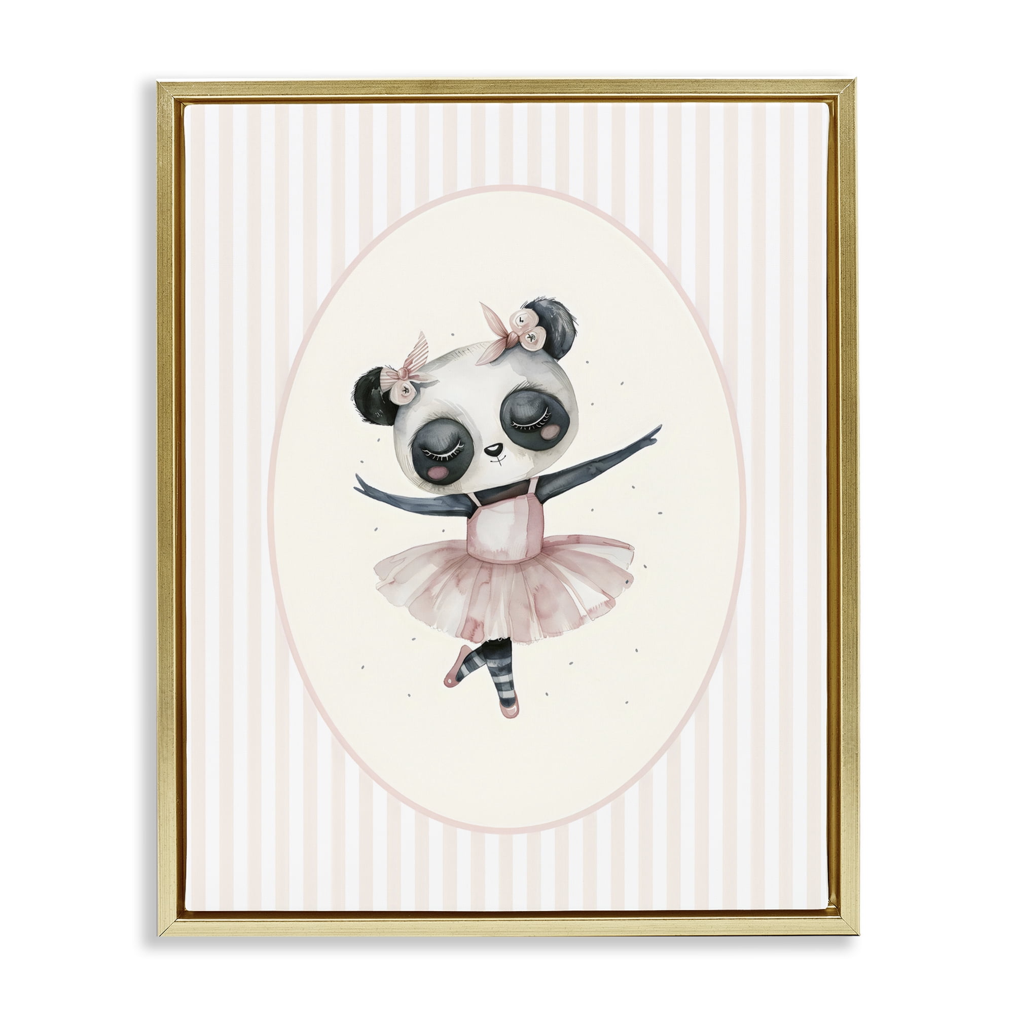 Stupell Industries Nursery Ballerina Panda Striped Gold Framed Floater Canvas Wall Art, design by LSR Design Studio