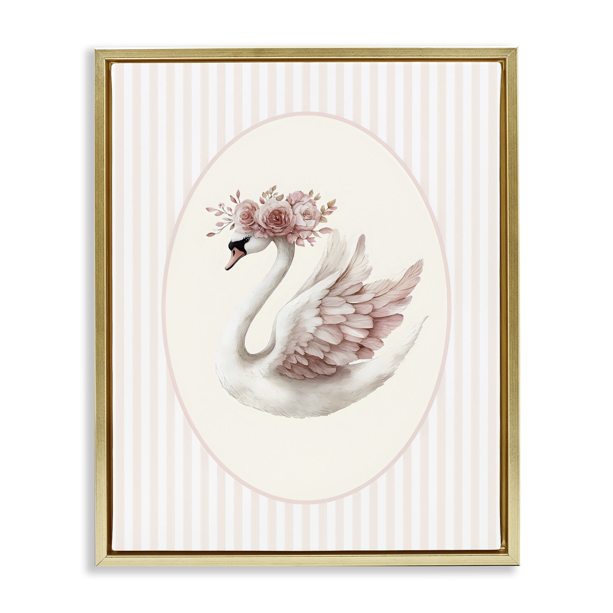 Stupell Industries Nursery Ballerina Swan Striped Gold Framed Floater Canvas Wall Art, design by LSR Design Studio