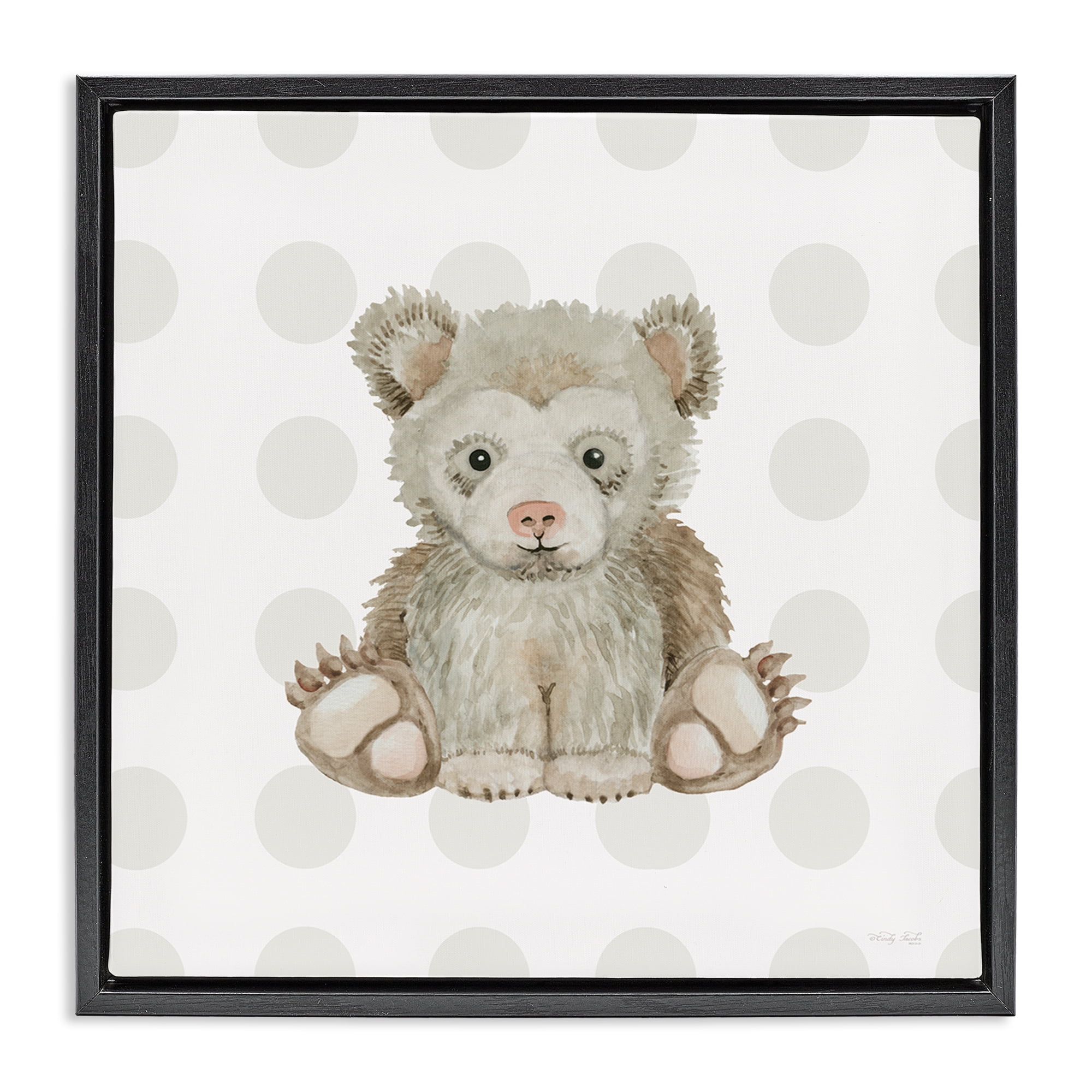 Stupell Industries Nursery Bear on Dots Animals Painting Black Floater Framed Canvas Art Print Wall Art, 18 x 18