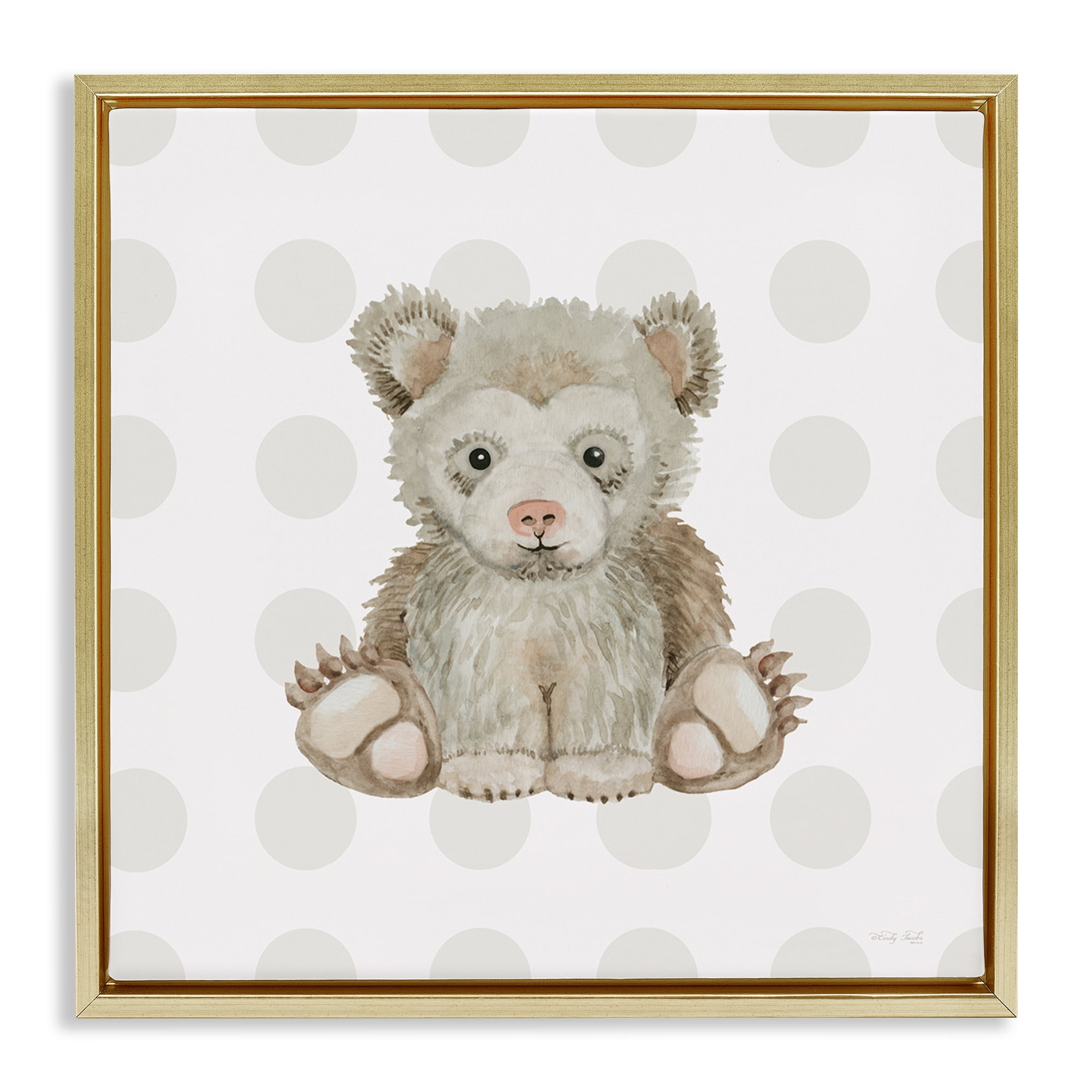 Stupell Industries Nursery Bear on Dots Animals Painting Gold Floater Framed Canvas Art Print Wall Art, 18 x 18