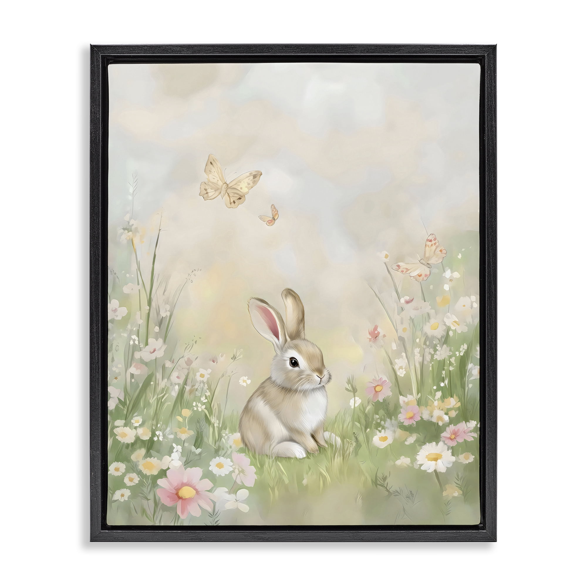 Stupell Industries Nursery Bunny in Meadow Black Framed Floater Canvas Wall Art, design by Arlington Prints