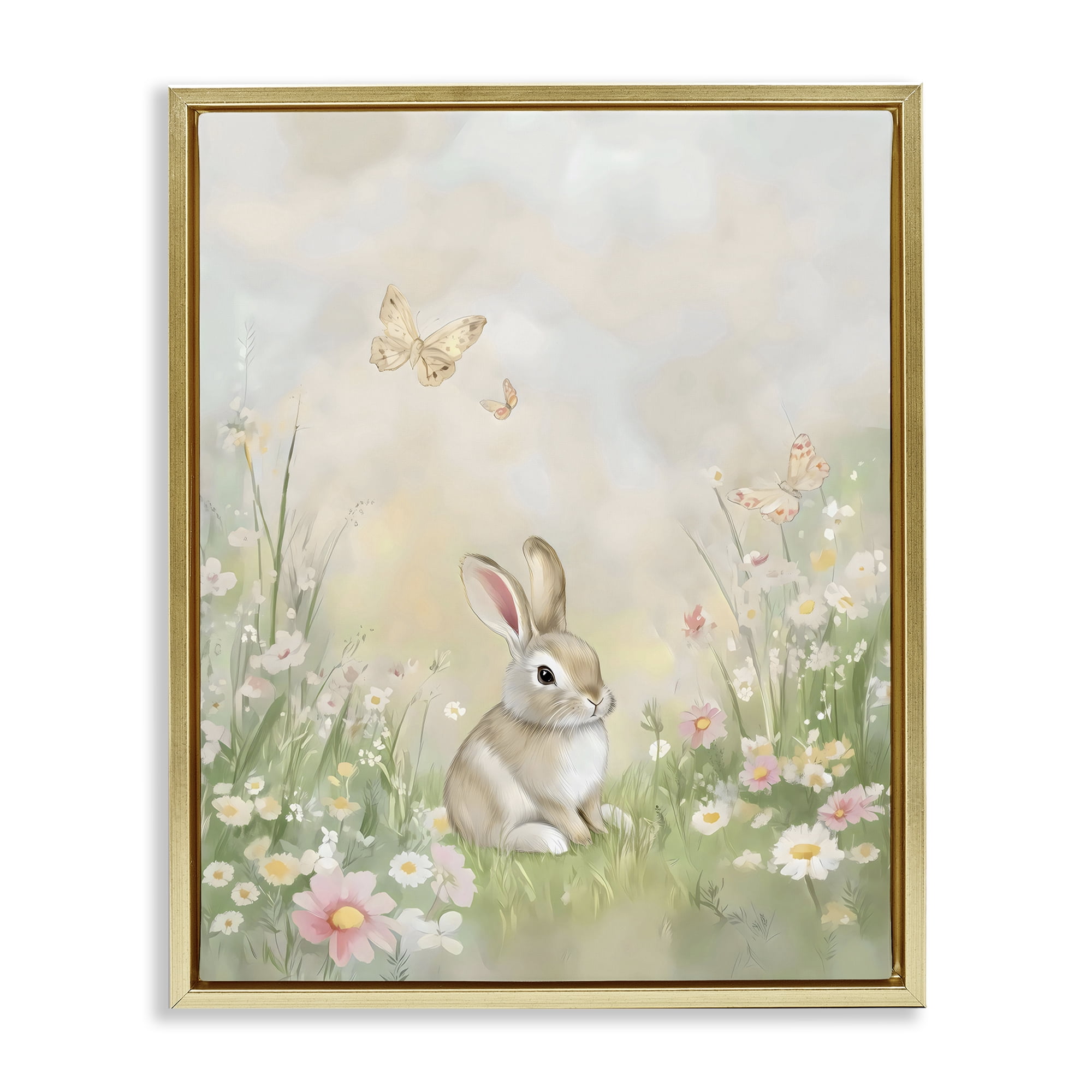 Stupell Industries Nursery Bunny in Meadow Gold Framed Floater Canvas Wall Art, design by Arlington Prints