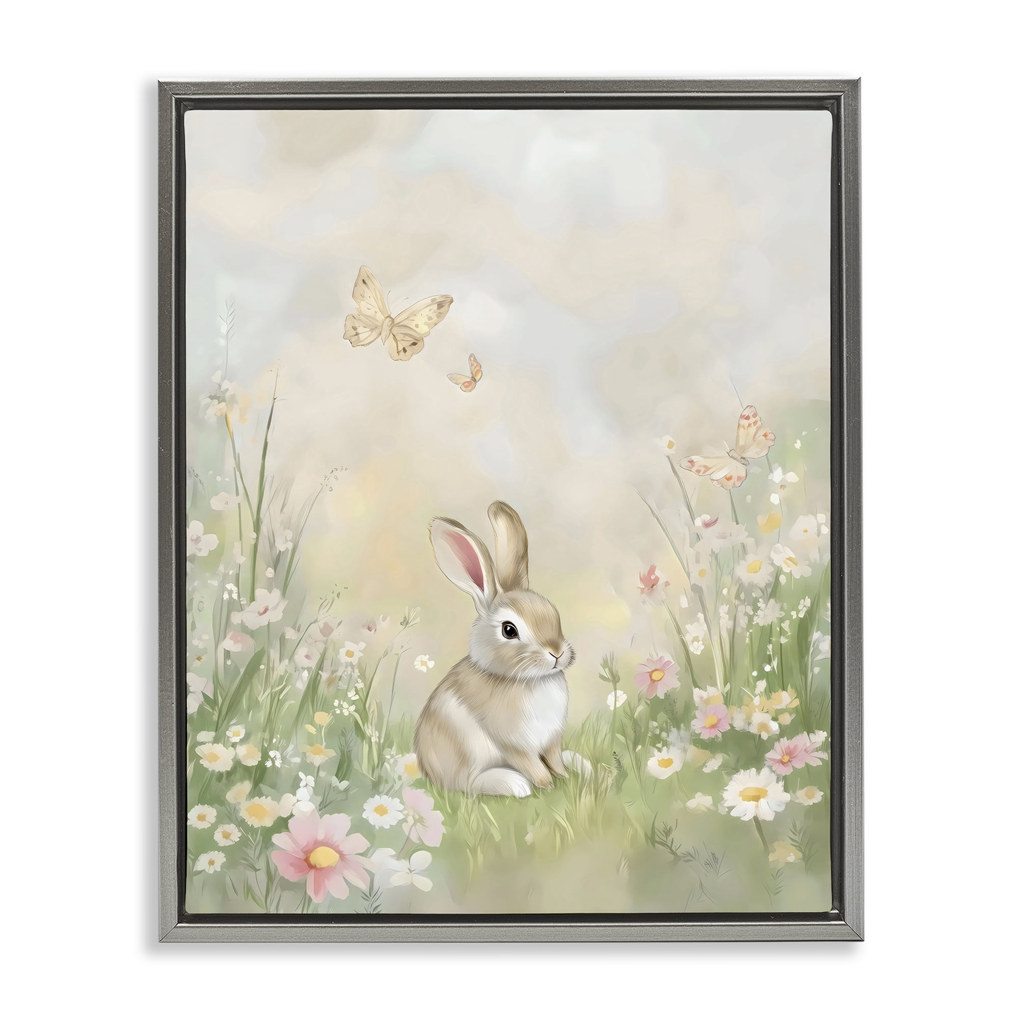 Stupell Industries Nursery Bunny in Meadow Gray Framed Floater Canvas Wall Art, design by Arlington Prints