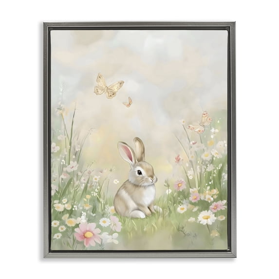 Stupell Industries Cottage Nursery Bunny in Meadow Gray Floating Frame Canvas Art, 17 x 21, by Arlington Prints