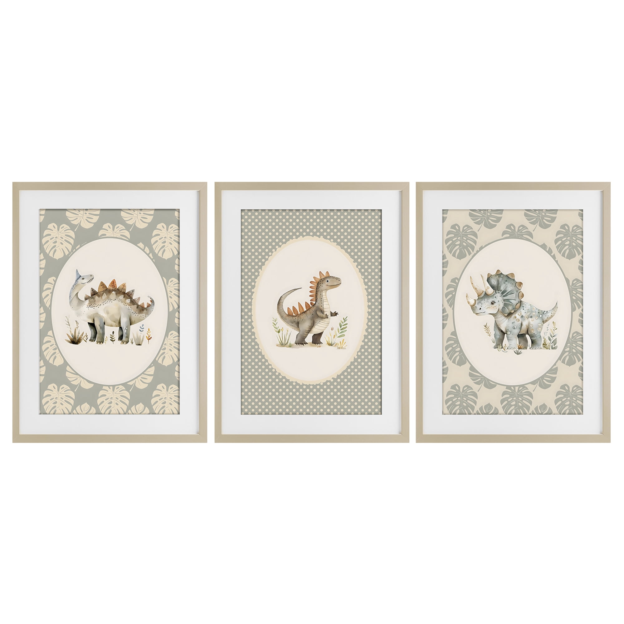 Stupell Industries Nursery Dinosaurs Tropical Border 3 Piece Birch Framed Print Under Glass Set, design by LSR Design Studio