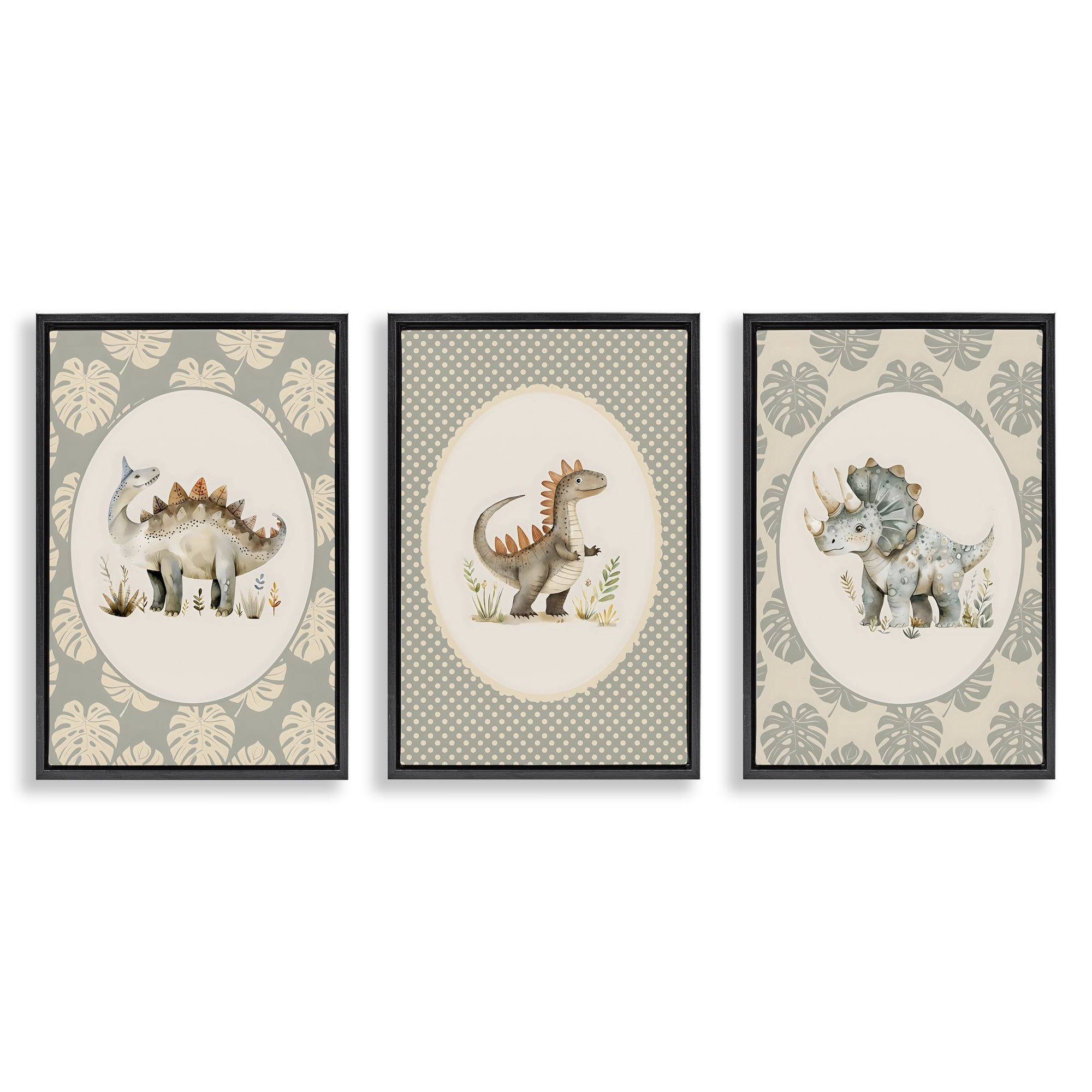 Stupell Industries Nursery Dinosaurs Tropical Border 3 Piece Black Framed Floater Canvas Set, design by LSR Design Studio