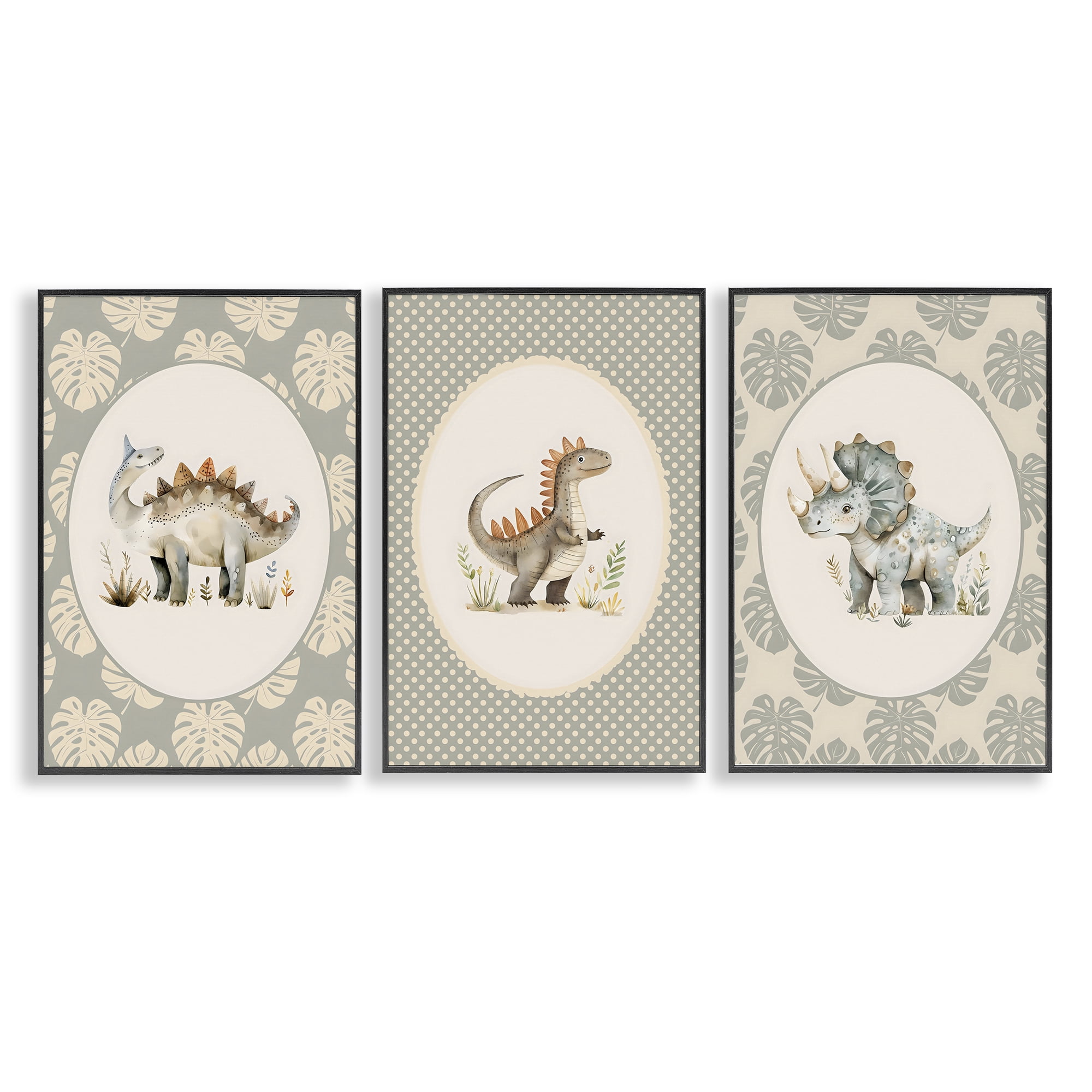 Stupell Industries Nursery Dinosaurs Tropical Border 3 Piece Black Framed Giclee Art Set, design by LSR Design Studio