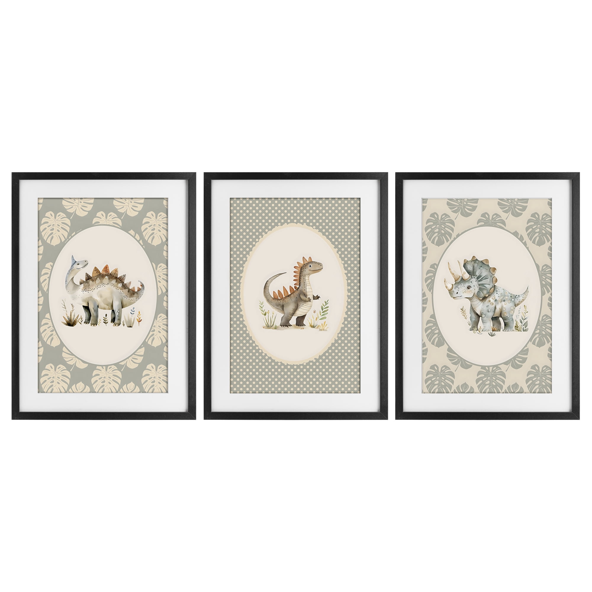 Stupell Industries Nursery Dinosaurs Tropical Border 3 Piece Black Framed Print Under Glass Set, design by LSR Design Studio