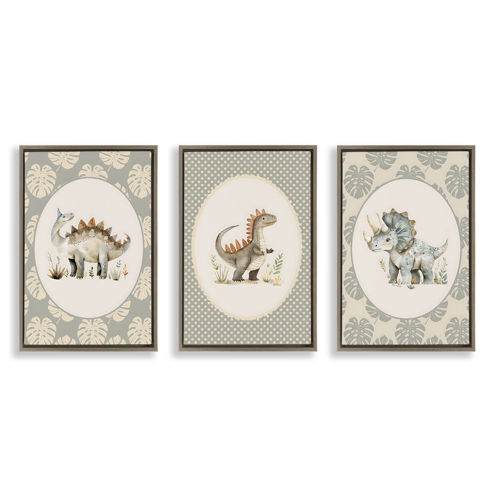 Stupell Industries Nursery Dinosaurs Tropical Border 3 Piece Brown Framed Floater Canvas Set, design by LSR Design Studio