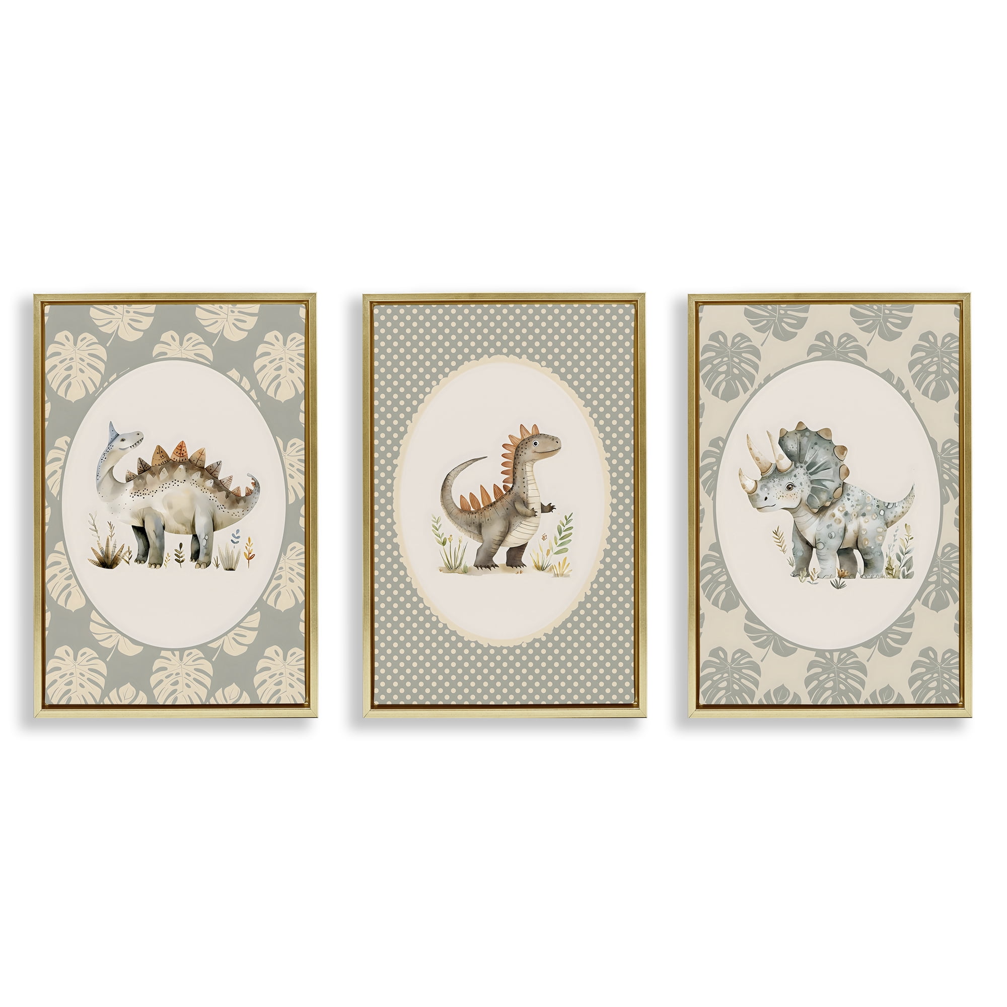 Stupell Industries Nursery Dinosaurs Tropical Border 3 Piece Gold Framed Floater Canvas Set, design by LSR Design Studio