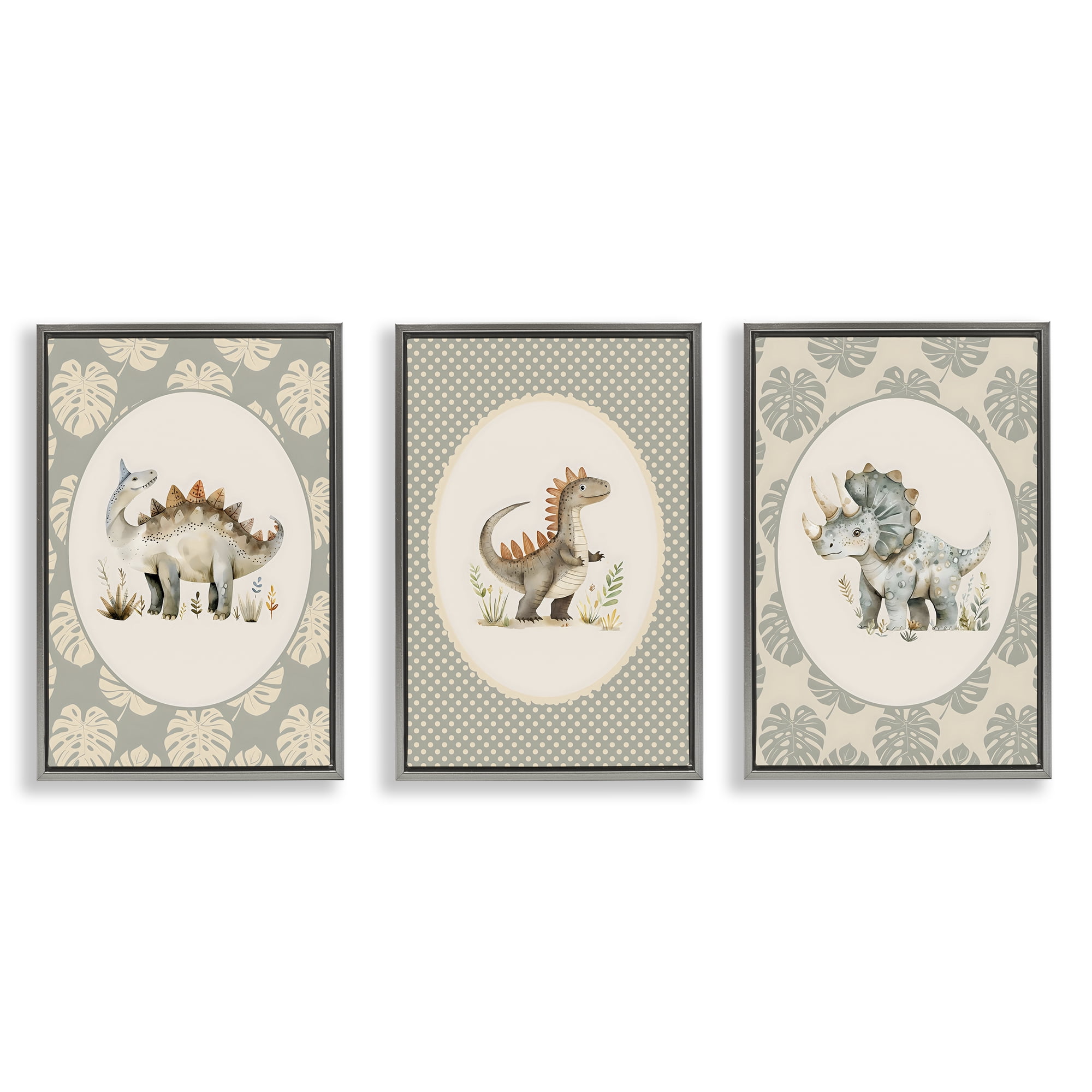Stupell Industries Nursery Dinosaurs Tropical Border 3 Piece Gray Framed Floater Canvas Set, design by LSR Design Studio