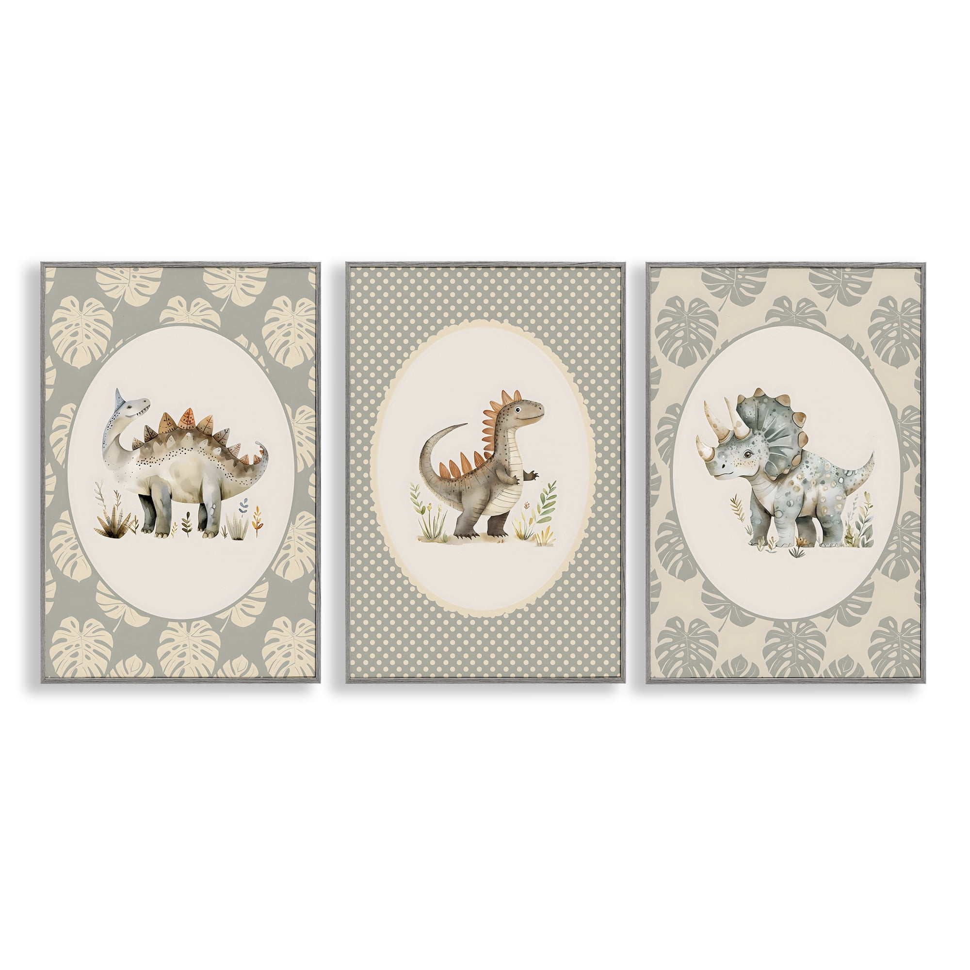 Stupell Industries Nursery Dinosaurs Tropical Border 3 Piece Gray Framed Giclee Art Set, design by LSR Design Studio