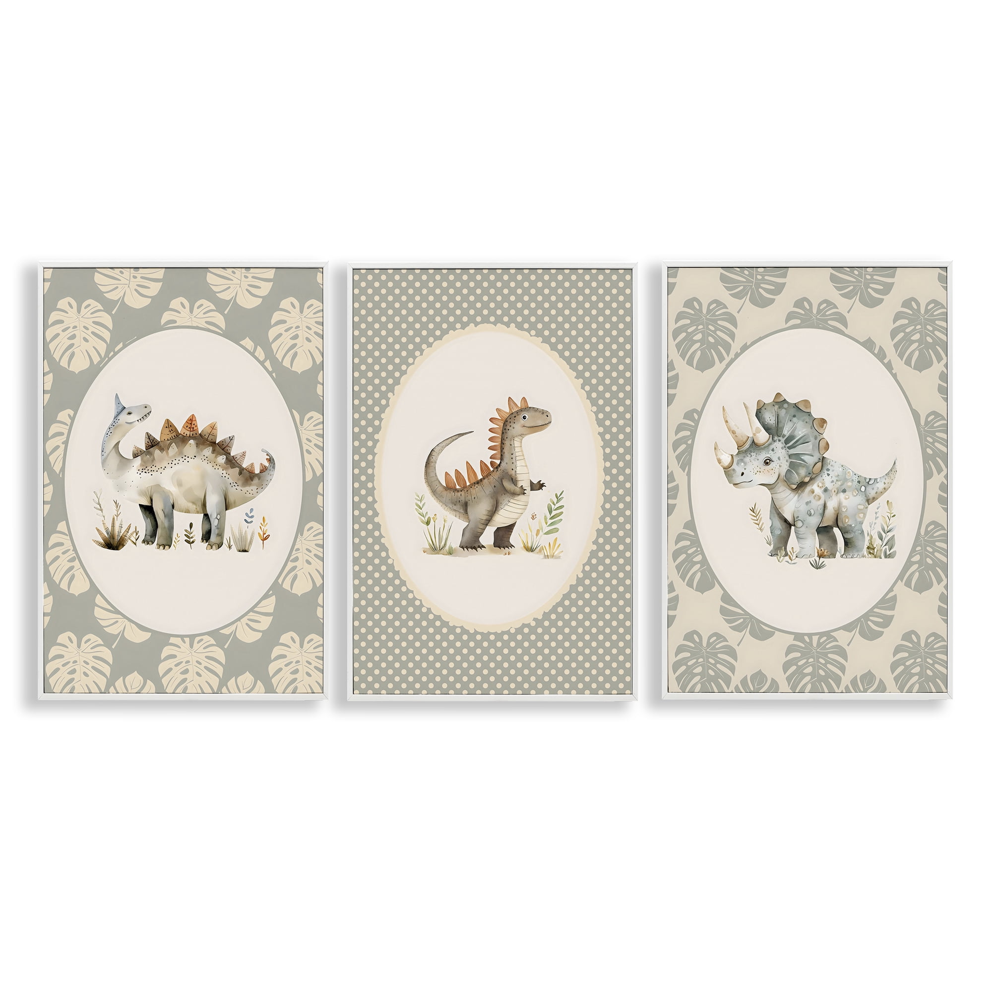 Stupell Industries Nursery Dinosaurs Tropical Border 3 Piece White Framed Giclee Art Set, design by LSR Design Studio