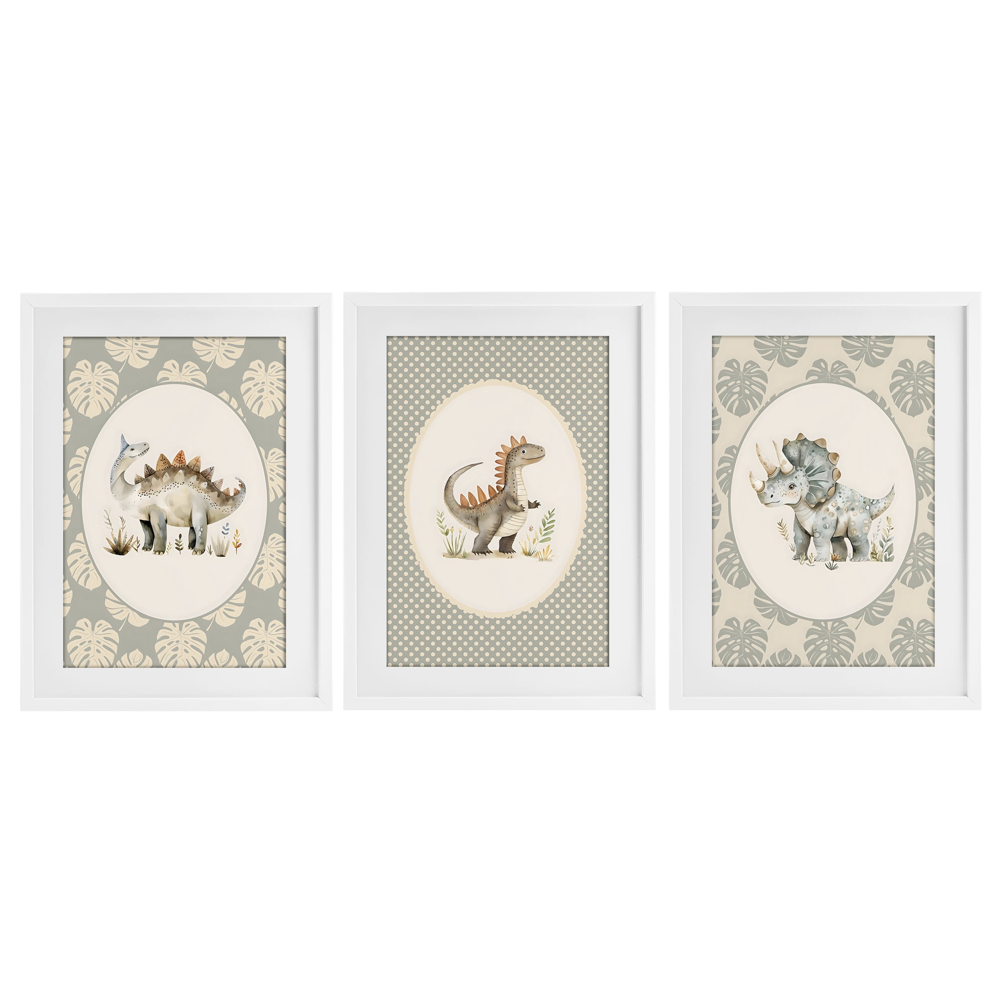 Stupell Industries Nursery Dinosaurs Tropical Border 3 Piece White Framed Print Under Glass Set, design by LSR Design Studio