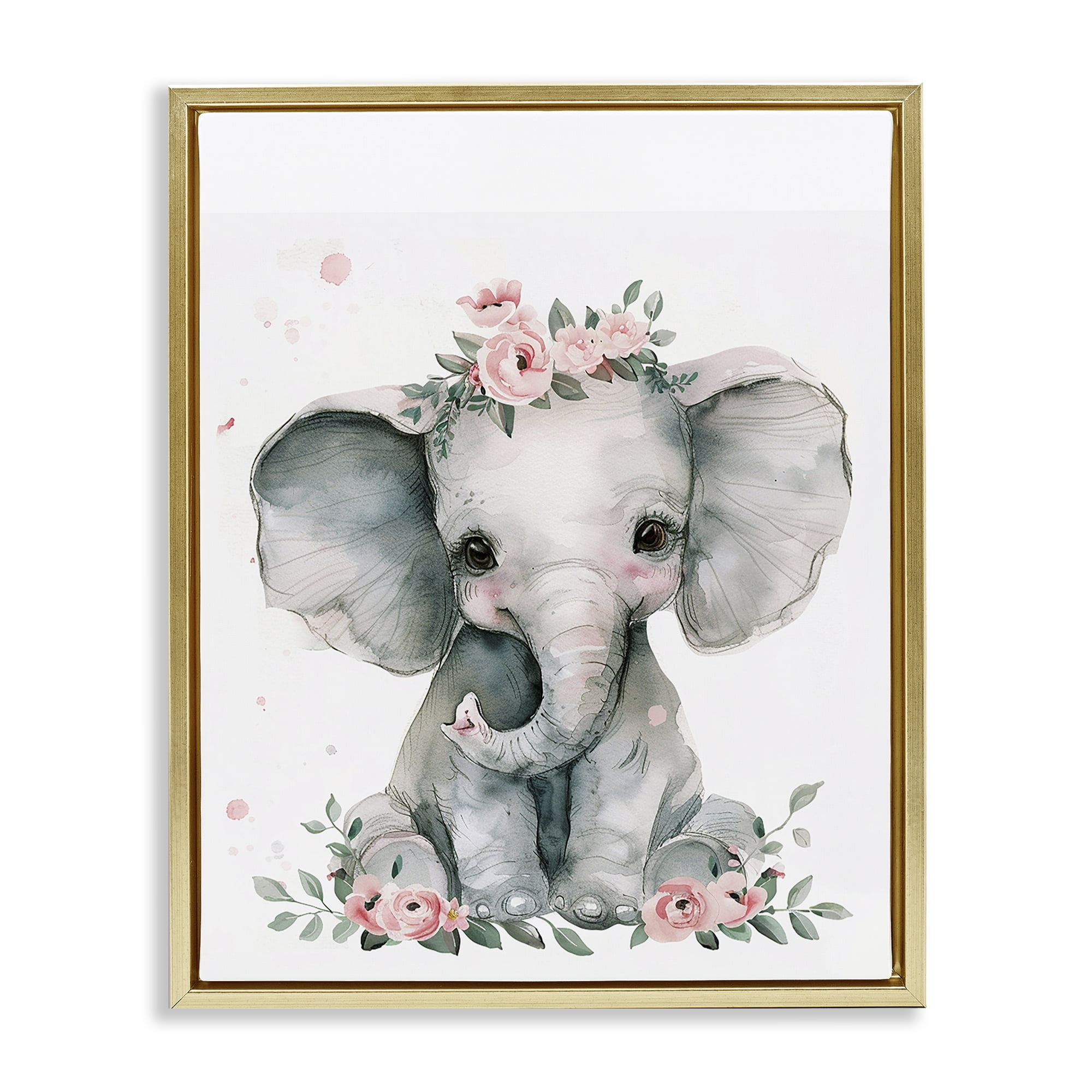 Stupell Industries Nursery Floral Elephant Animals Painting Gold Floater Framed Canvas Art Print Wall Art, 17 x 21