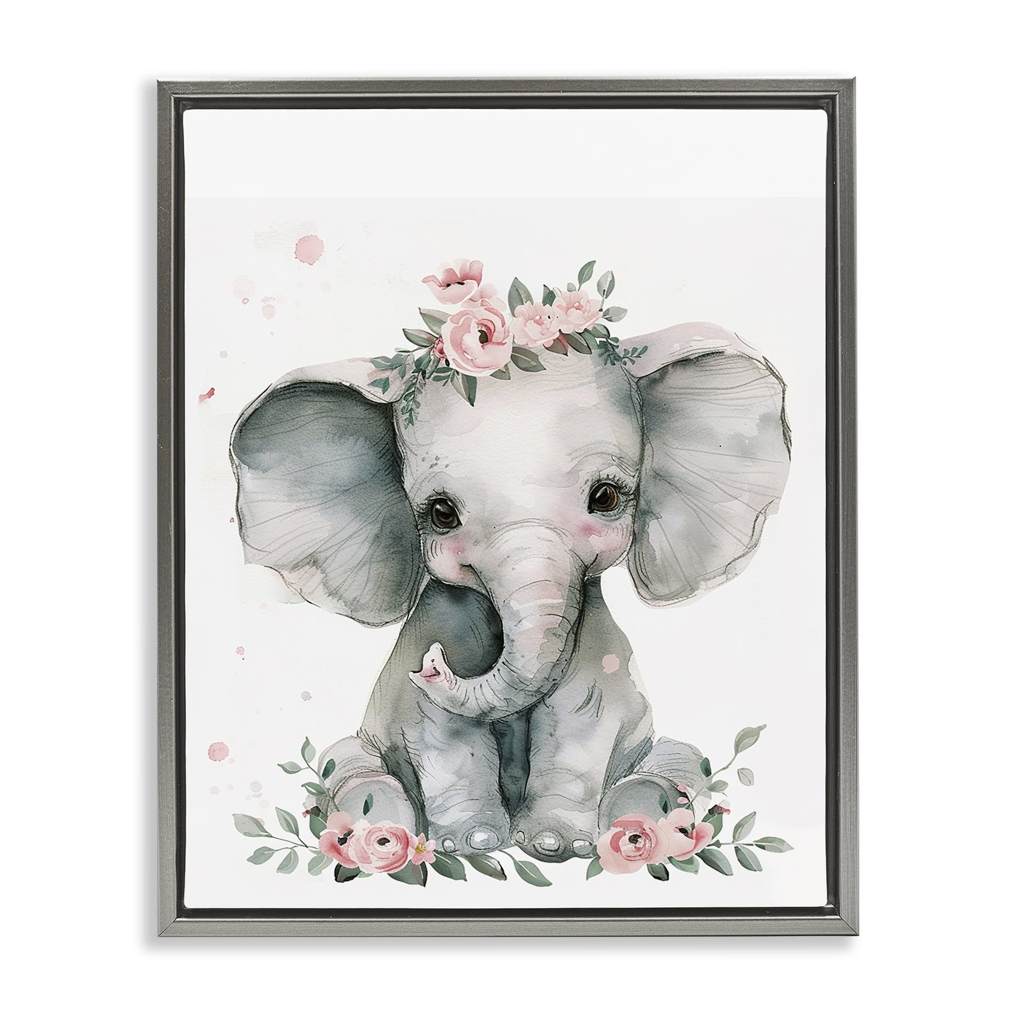 Stupell Industries Nursery Floral Elephant Animals Painting Gray Floater Framed Canvas Art Print Wall Art, 17 x 21