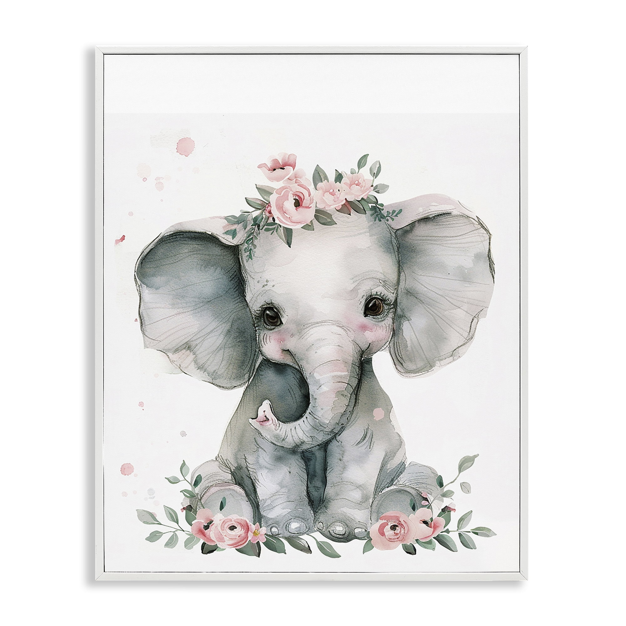 Stupell Industries Nursery Floral Elephant Animals Painting White Framed Art Print Wall Art, 11 x 14