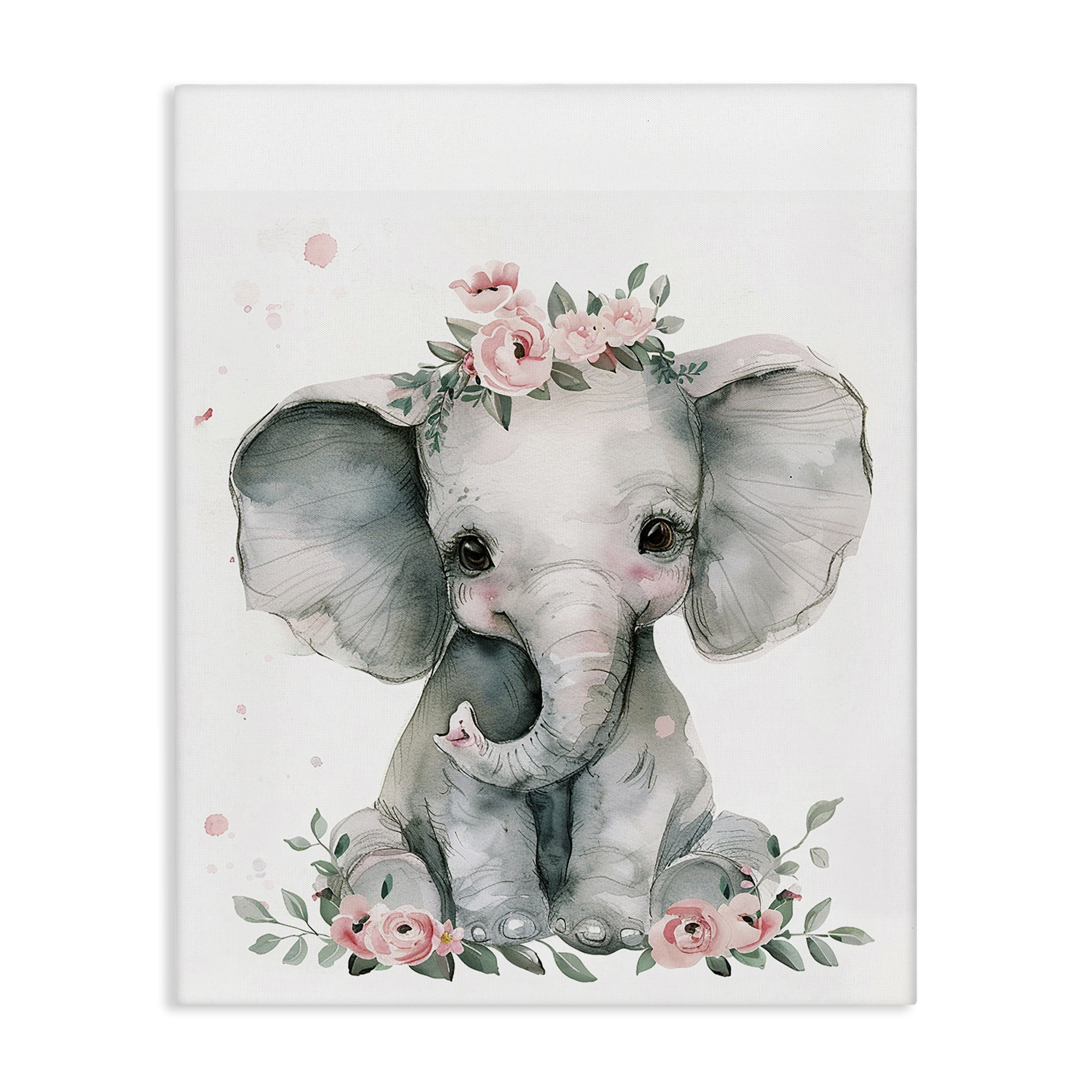 Stupell Industries Nursery Floral Elephant Animals Painting Wrapped Canvas Art Print Wall Art, 24 x 30