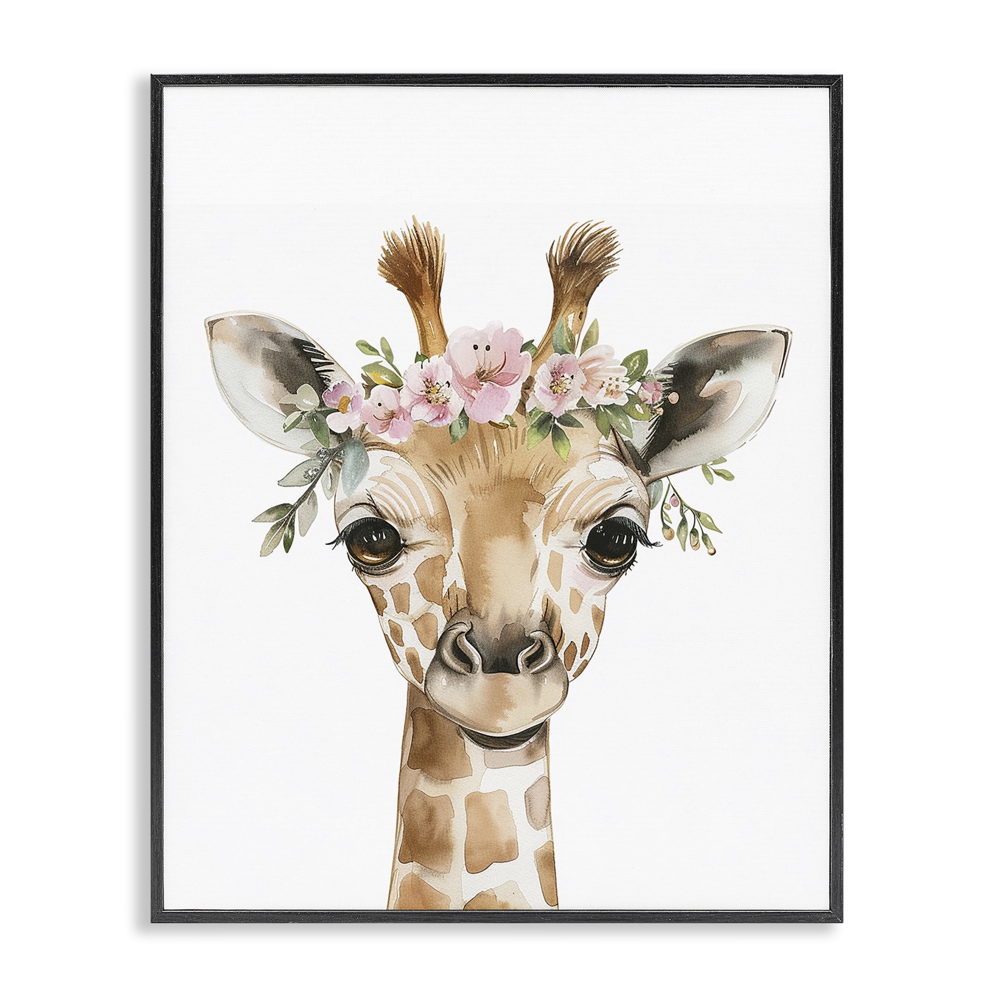 Stupell Industries Nursery Floral Giraffe Animals Painting Black Framed Art Print Wall Art, 24 x 30