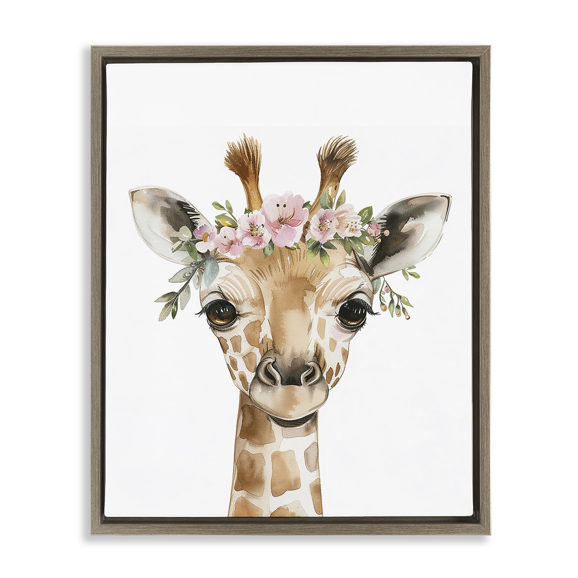 Stupell Industries Nursery Floral Giraffe Animals Painting Brown Floater Framed Canvas Art Print Wall Art, 17 x 21